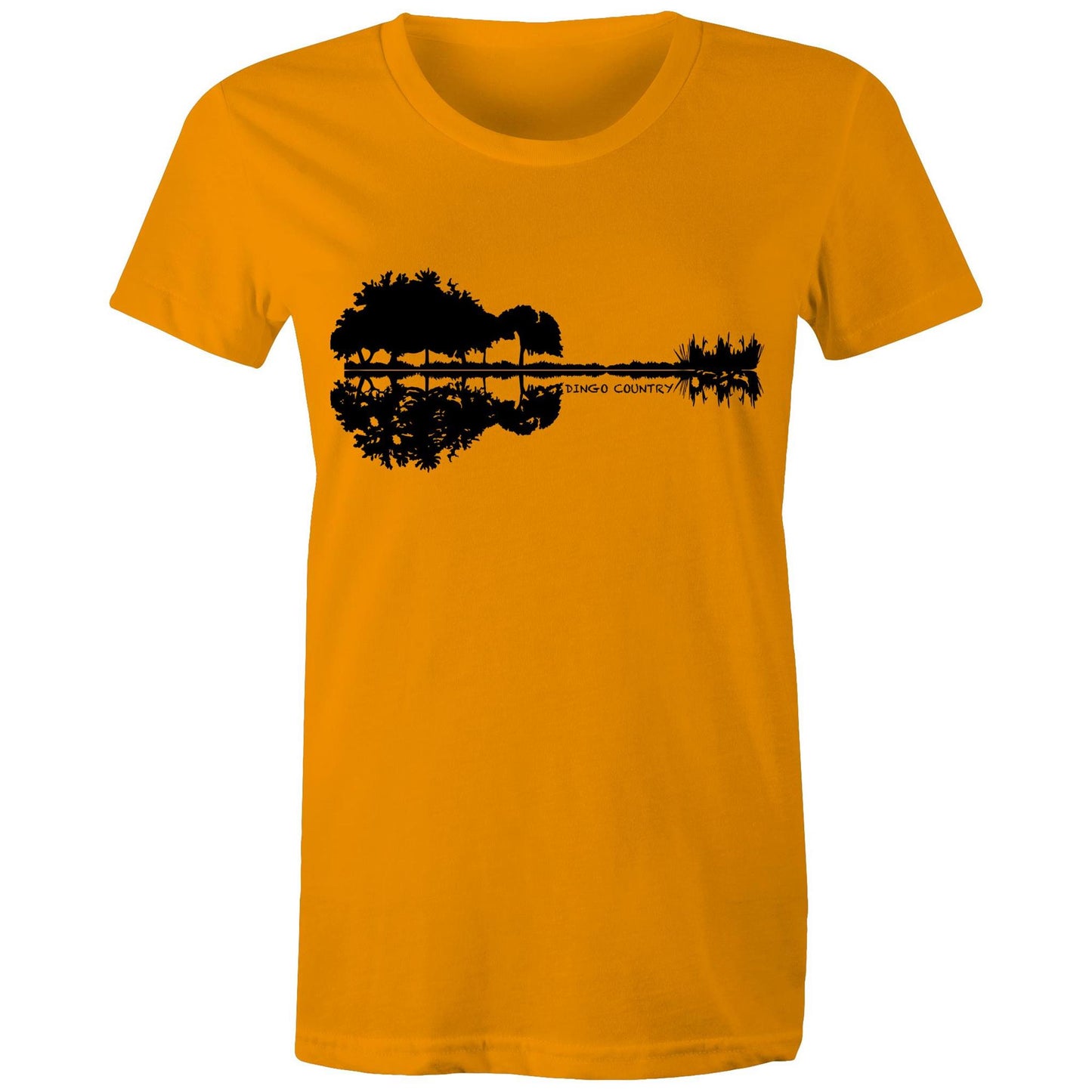 Women's orange T-shirt with a black nature-inspired graphic that cleverly forms a guitar silhouette in the reflection, complemented by 'DINGO COUNTRY' text beneath