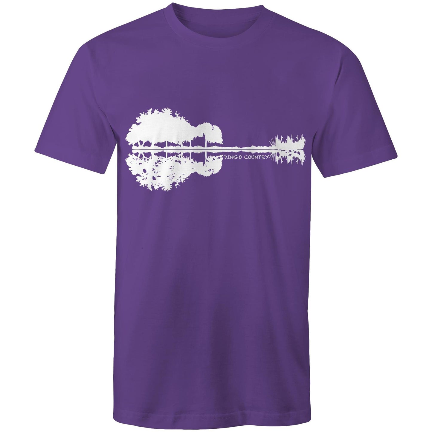 Purple T-shirt showcasing a creative black graphic that merges a reflection of trees and rocks to form a guitar silhouette, with 'DINGO COUNTRY' printed below. Music inspired.