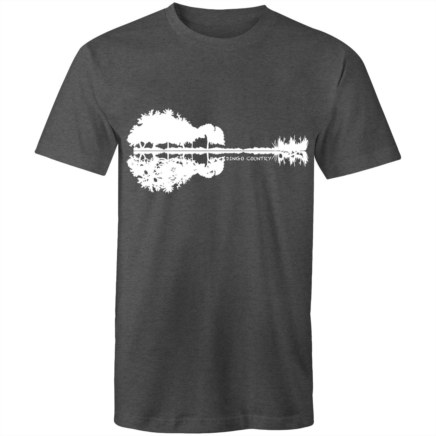 Asphalt T-shirt showcasing a creative black graphic that merges a reflection of trees and rocks to form a guitar silhouette, with 'DINGO COUNTRY' printed below. Music inspired.