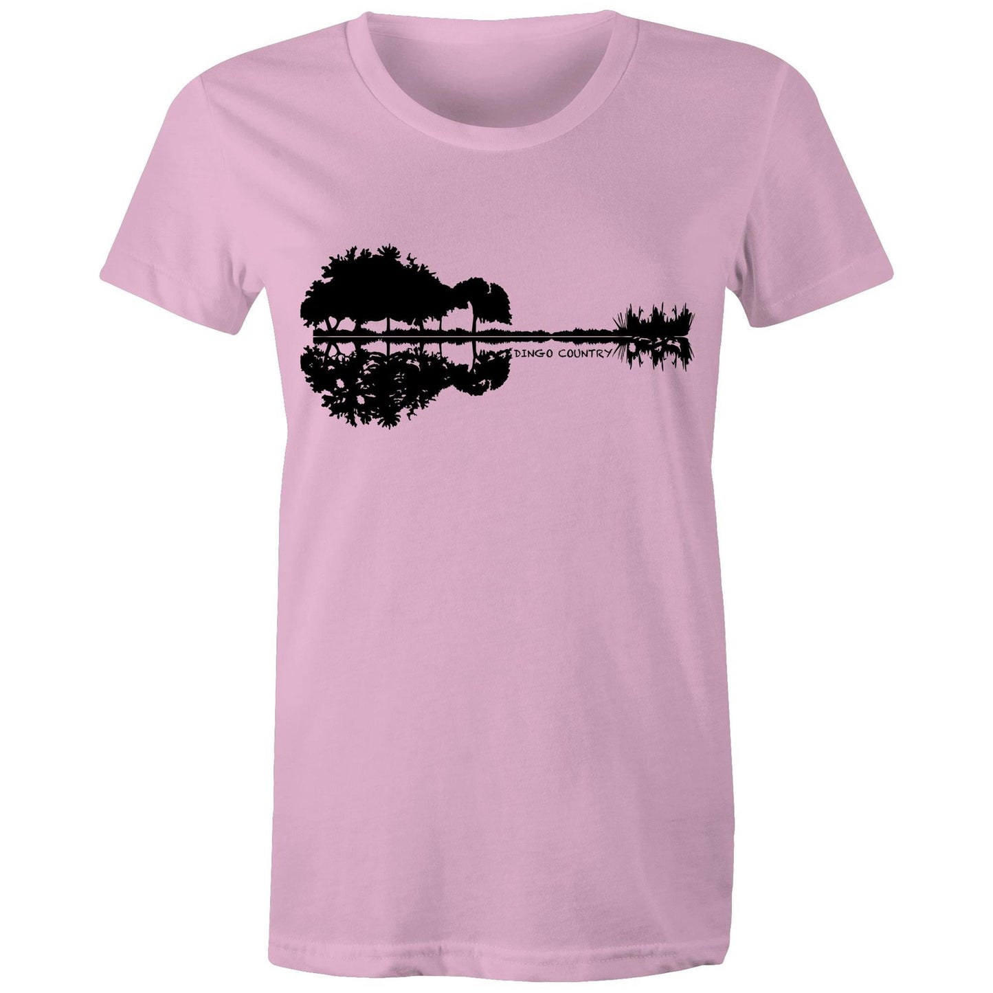 Women's pink T-shirt with a black nature-inspired graphic that cleverly forms a guitar silhouette in the reflection, complemented by 'DINGO COUNTRY' text beneath
