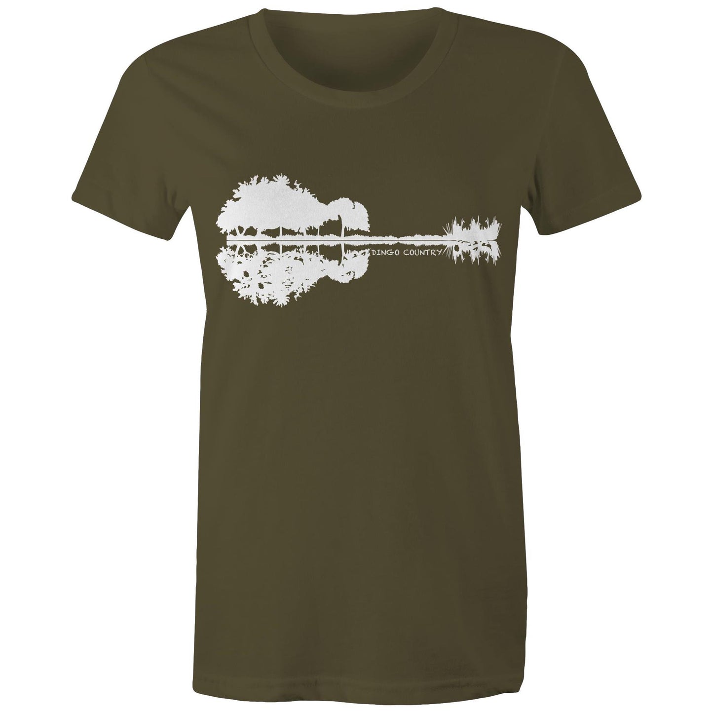 Women's army T-shirt with a black nature-inspired graphic that cleverly forms a guitar silhouette in the reflection, complemented by 'DINGO COUNTRY' text beneath