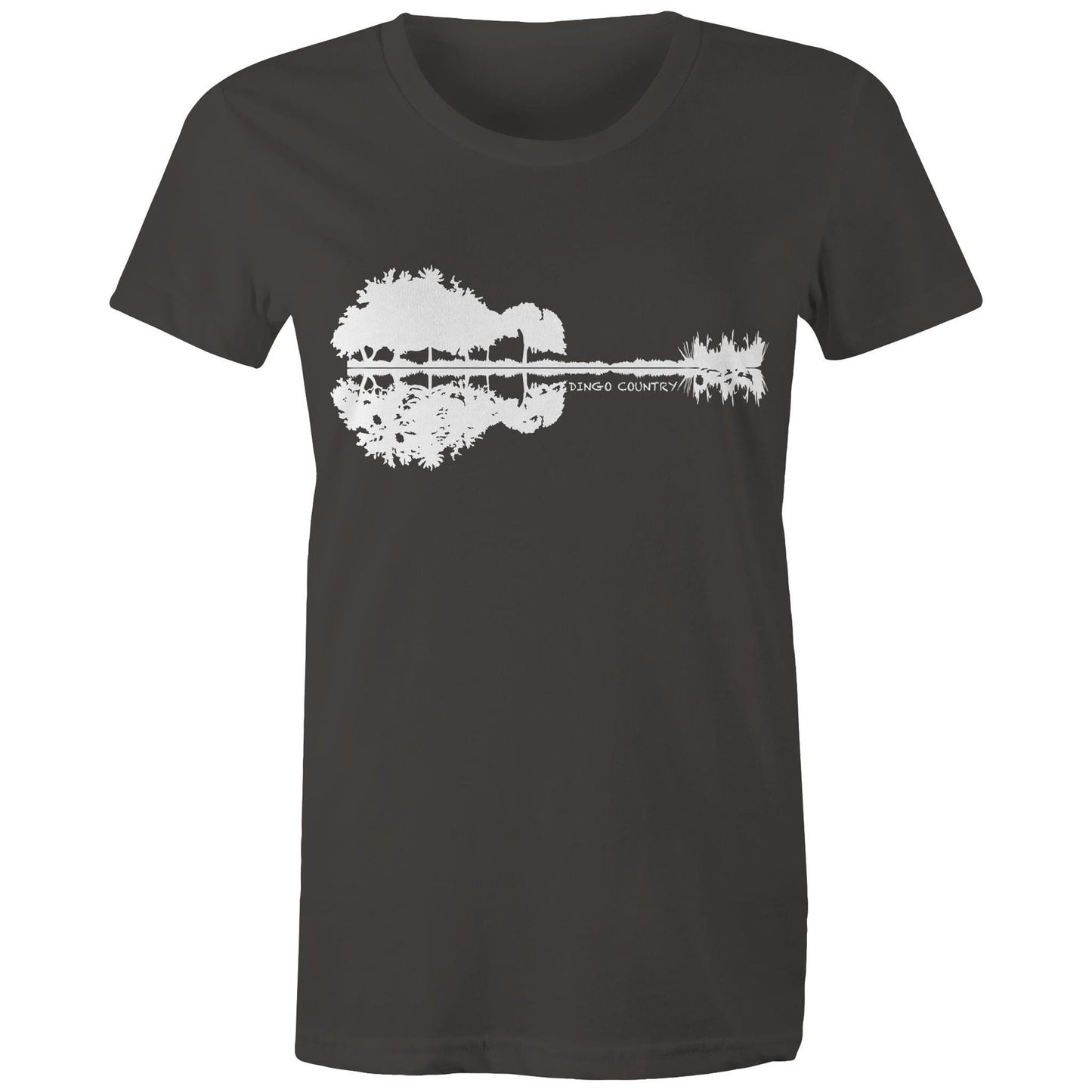 Women's charcoal T-shirt with a black nature-inspired graphic that cleverly forms a guitar silhouette in the reflection, complemented by 'DINGO COUNTRY' text beneath