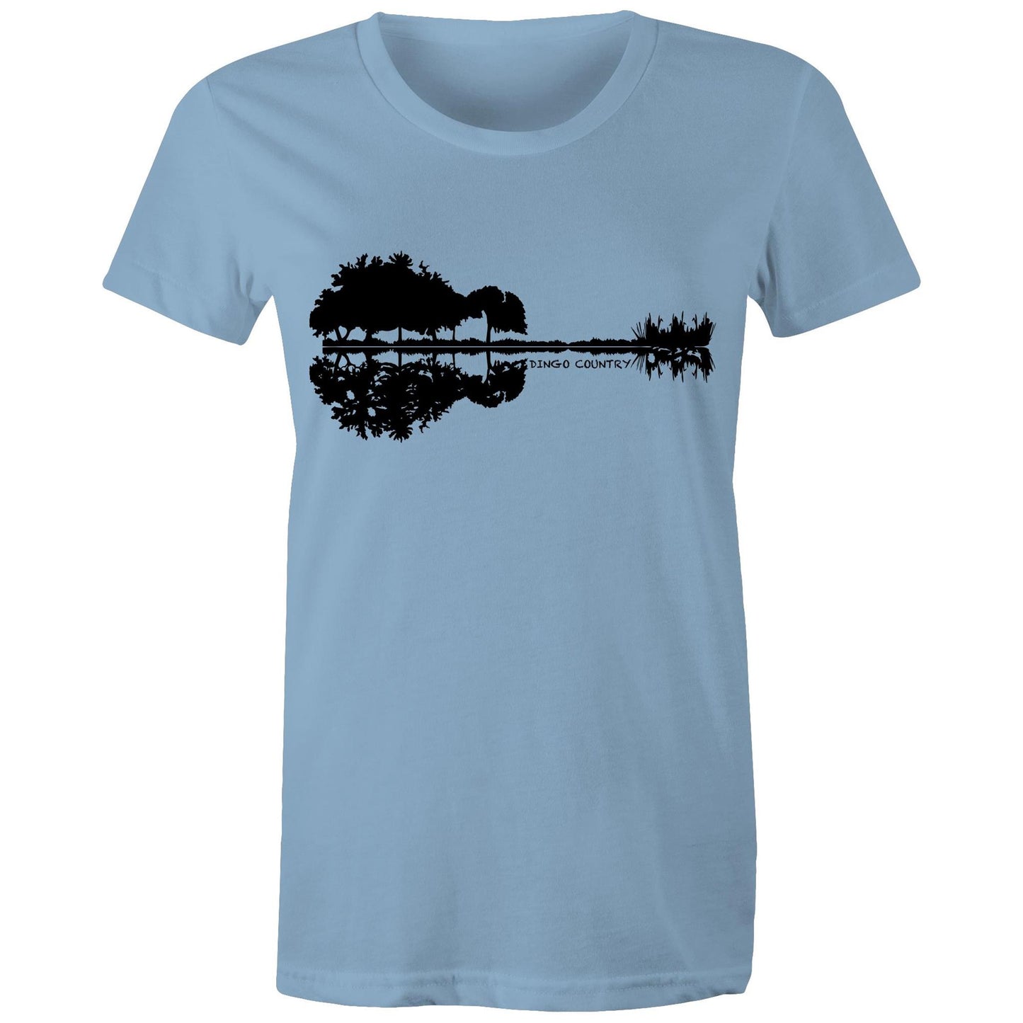 Women's blue T-shirt with a black nature-inspired graphic that cleverly forms a guitar silhouette in the reflection, complemented by 'DINGO COUNTRY' text beneath