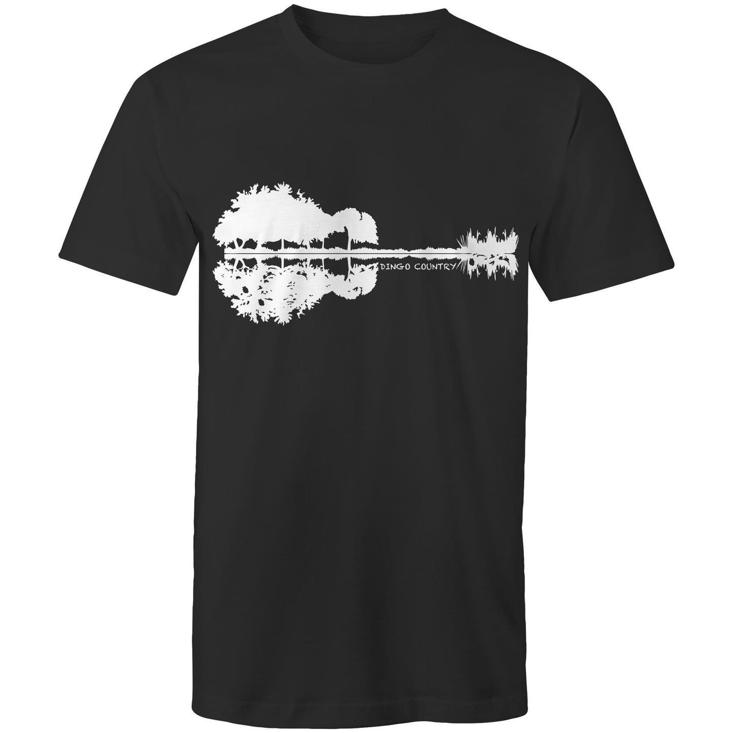 Black T-shirt showcasing a creative black graphic that merges a reflection of trees and rocks to form a guitar silhouette, with 'DINGO COUNTRY' printed below. Music inspired.