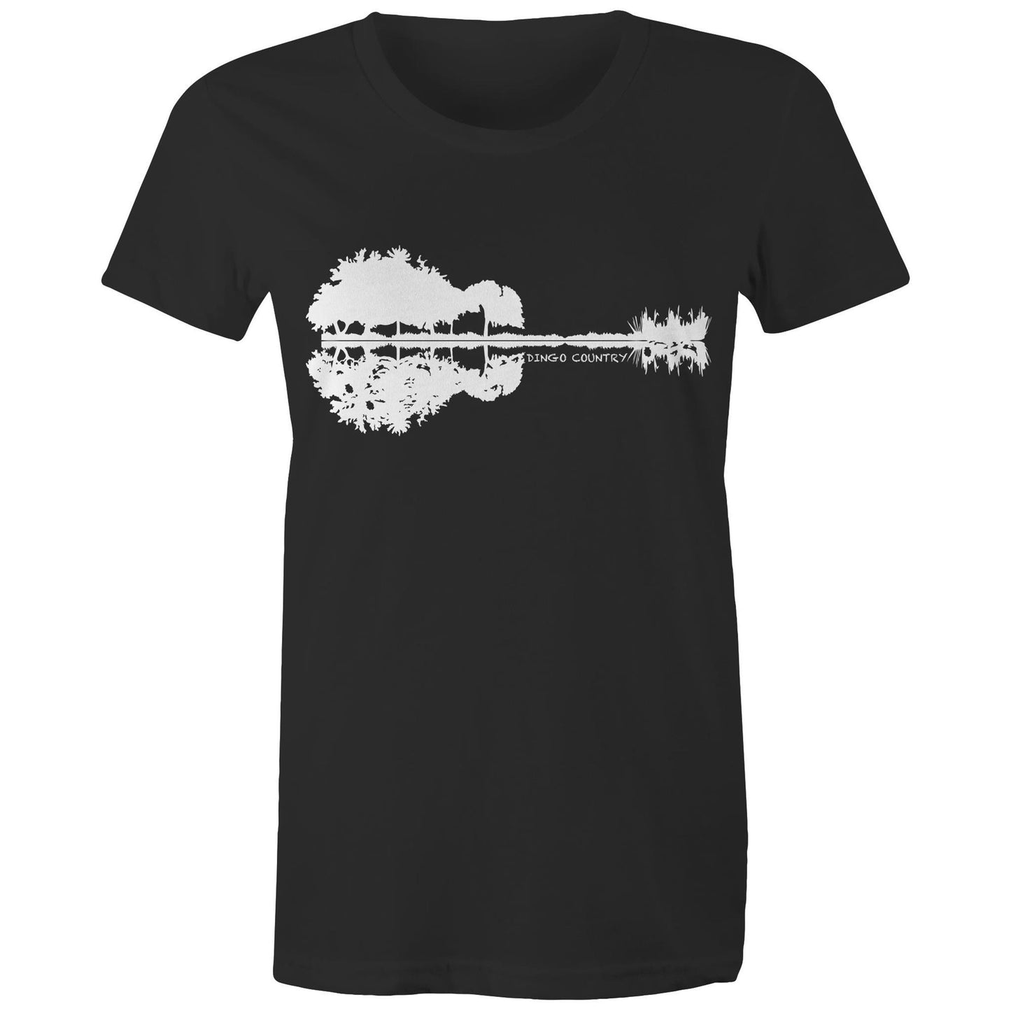 Women's black T-shirt with a black nature-inspired graphic that cleverly forms a guitar silhouette in the reflection, complemented by 'DINGO COUNTRY' text beneath