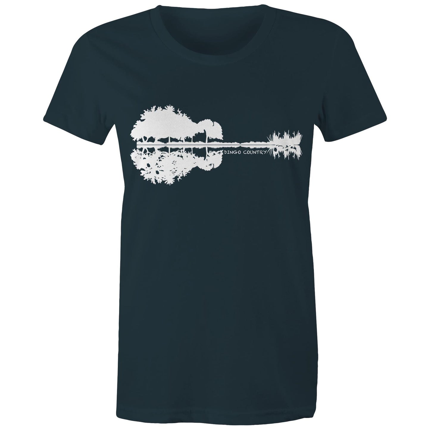 Women's indigo T-shirt with a black nature-inspired graphic that cleverly forms a guitar silhouette in the reflection, complemented by 'DINGO COUNTRY' text beneath