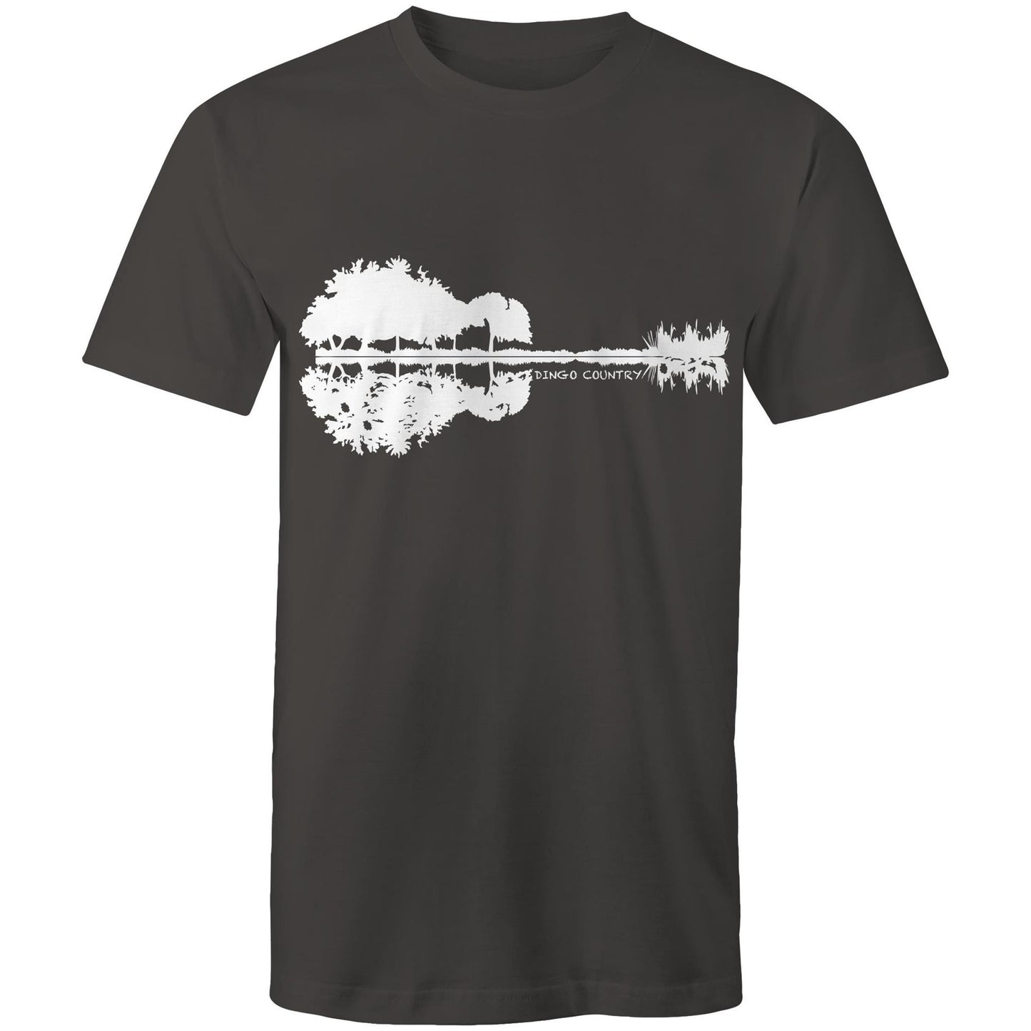 Charcoal T-shirt showcasing a creative black graphic that merges a reflection of trees and rocks to form a guitar silhouette, with 'DINGO COUNTRY' printed below. Music inspired.