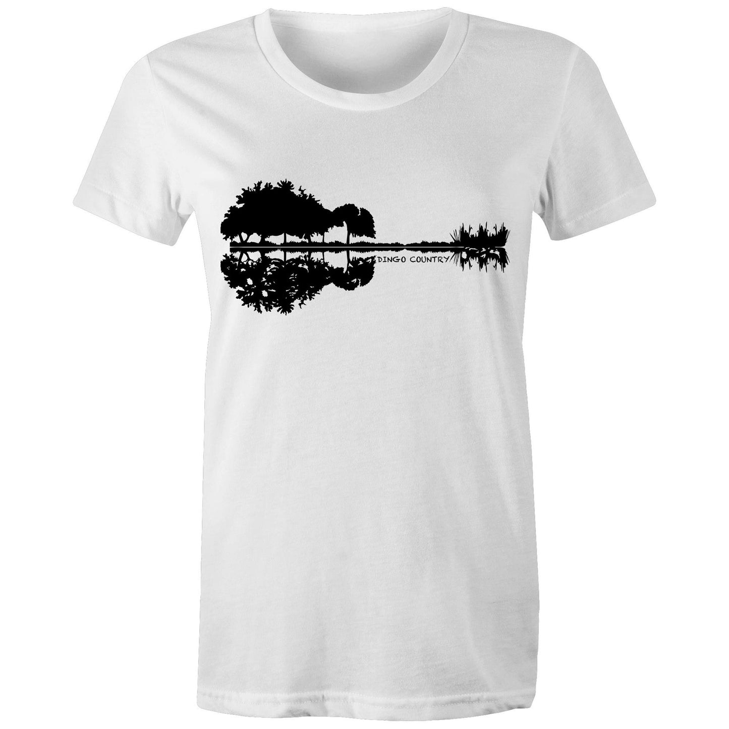 Women's white T-shirt with a black nature-inspired graphic that cleverly forms a guitar silhouette in the reflection, complemented by 'DINGO COUNTRY' text beneath