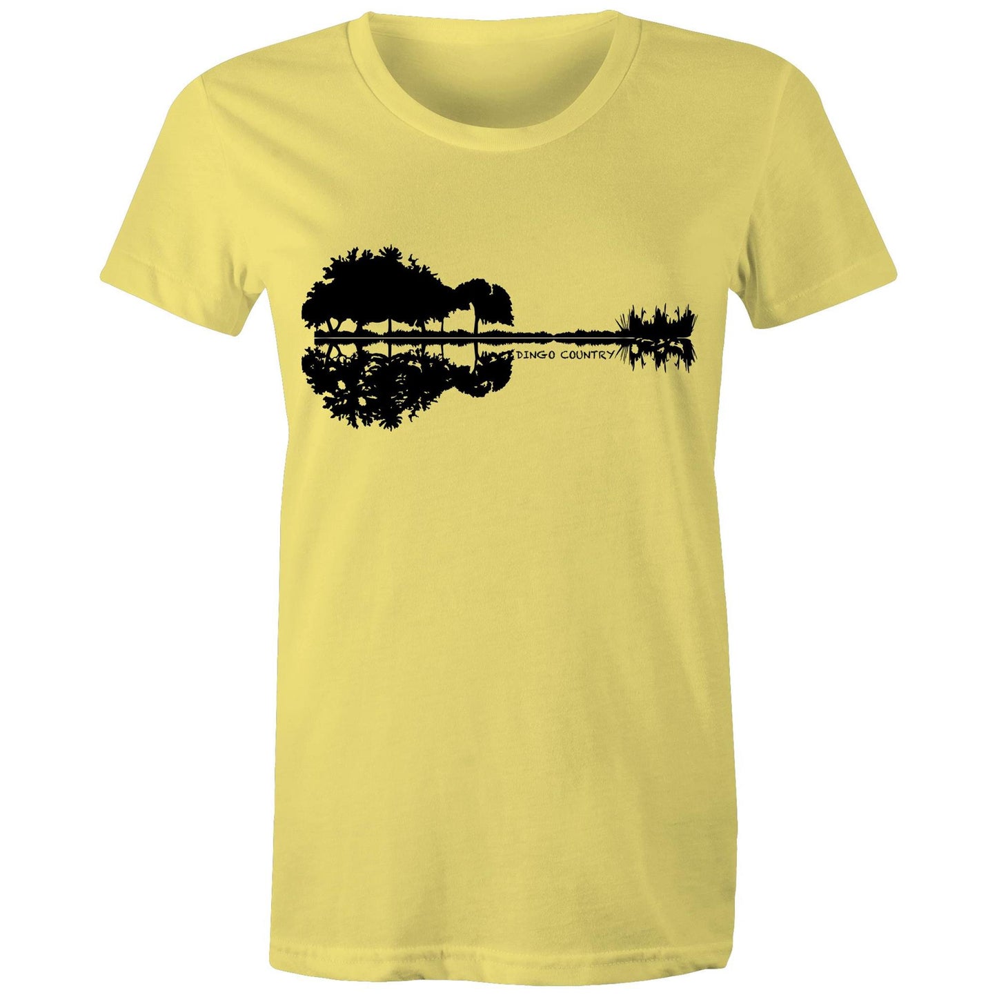 Women's yellow T-shirt with a black nature-inspired graphic that cleverly forms a guitar silhouette in the reflection, complemented by 'DINGO COUNTRY' text beneath