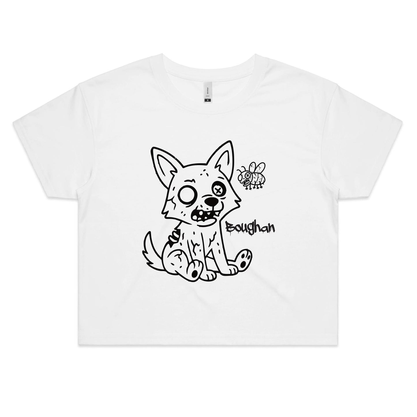 White women’s crop tee featuring a cartoon-style dingo pup with fly and brand text “boughan”.