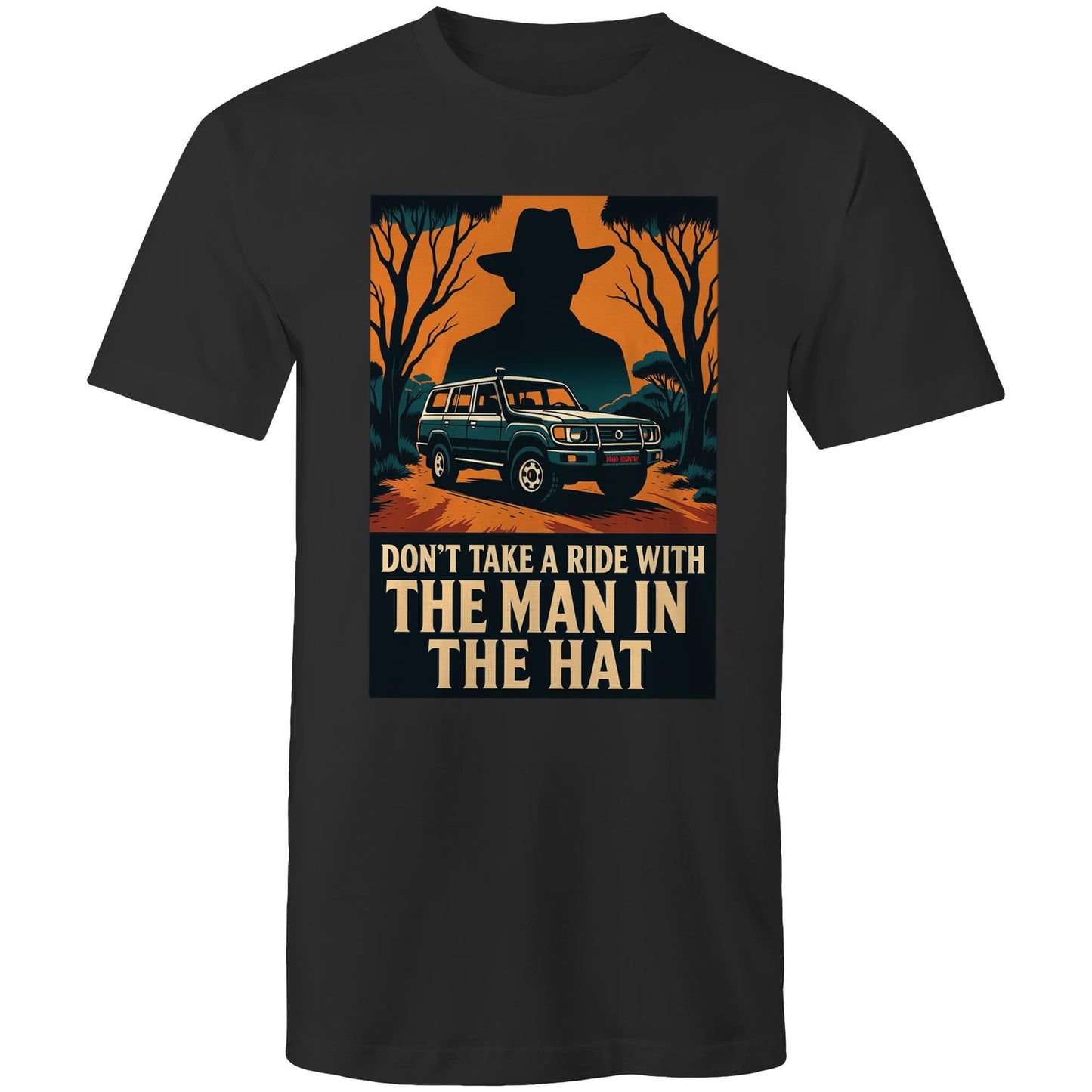 Black men’s t-shirt with retro horror-style graphic of a shadowy figure, old car, and the text “Don’t take a ride with the man in the hat.”