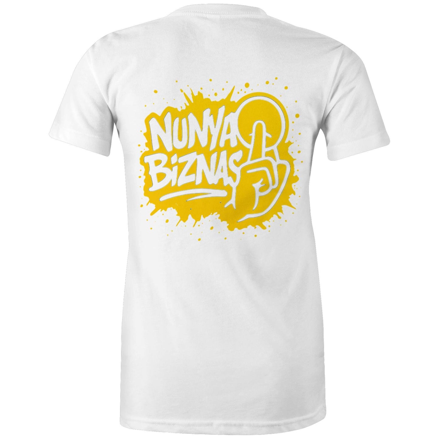 White women’s t-shirt featuring bold yellow graffiti-style “Nunya Biznas” graphic on the back and small Boughan logo on the front.