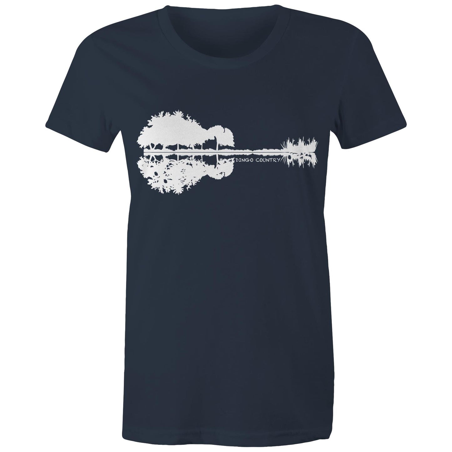 Women's navy T-shirt with a black nature-inspired graphic that cleverly forms a guitar silhouette in the reflection, complemented by 'DINGO COUNTRY' text beneath
