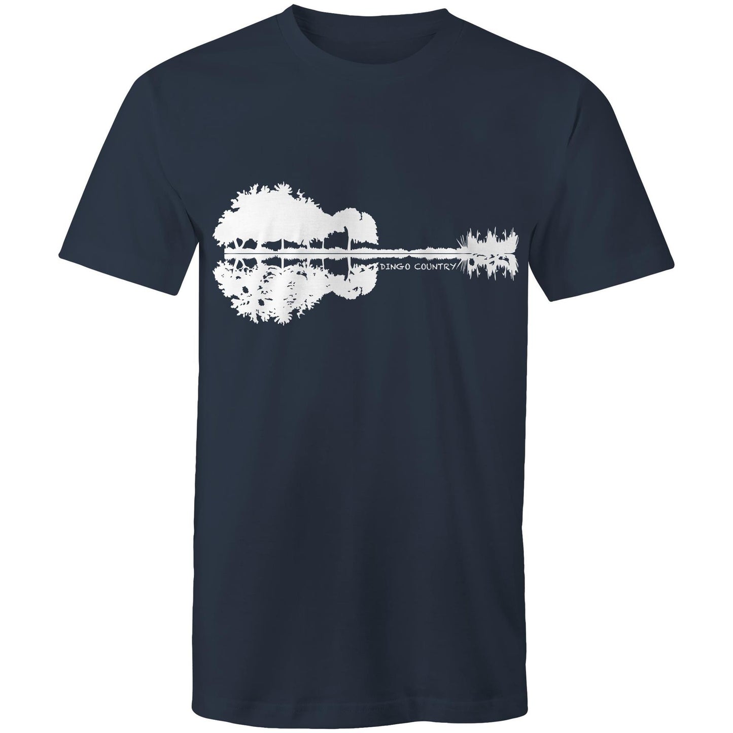 Navy T-shirt showcasing a creative black graphic that merges a reflection of trees and rocks to form a guitar silhouette, with 'DINGO COUNTRY' printed below. Music inspired.