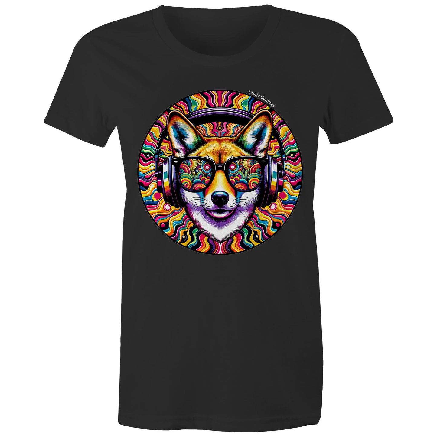 Women's black T-shirt from Dingo Country featuring a bright and bold psychedelic print of a dingo in sunglasses and headphones, perfect for music and animal lovers alike.
