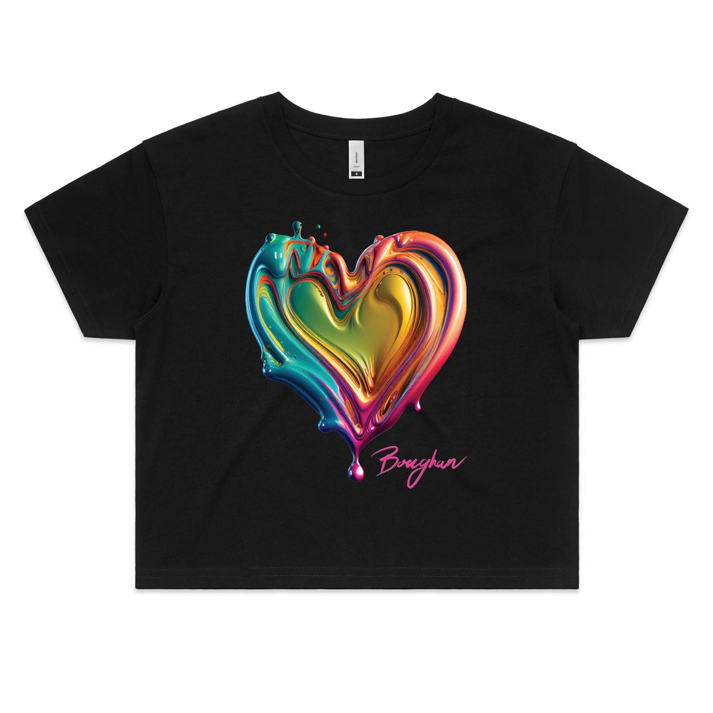 Trendy black crop top for women, adorned with a shiny, colourful liquid heart design and the signature 'Boughan' script, merging art with high street fashion.