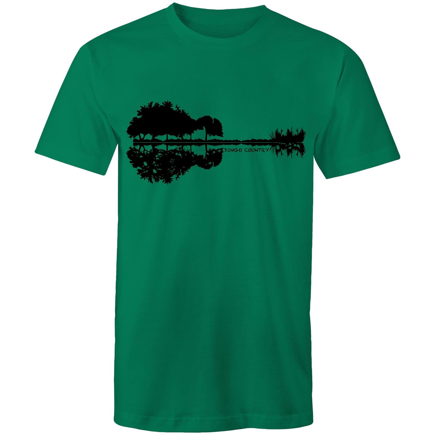 Green T-shirt showcasing a creative black graphic that merges a reflection of trees and rocks to form a guitar silhouette, with 'DINGO COUNTRY' printed below. Music inspired.