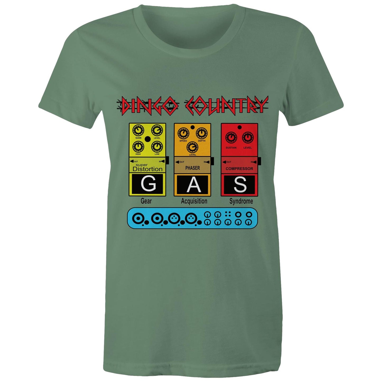 Close-up of the GAS Effect Pedal Women's T-Shirt sage by Dingo Country, celebrating music gear culture