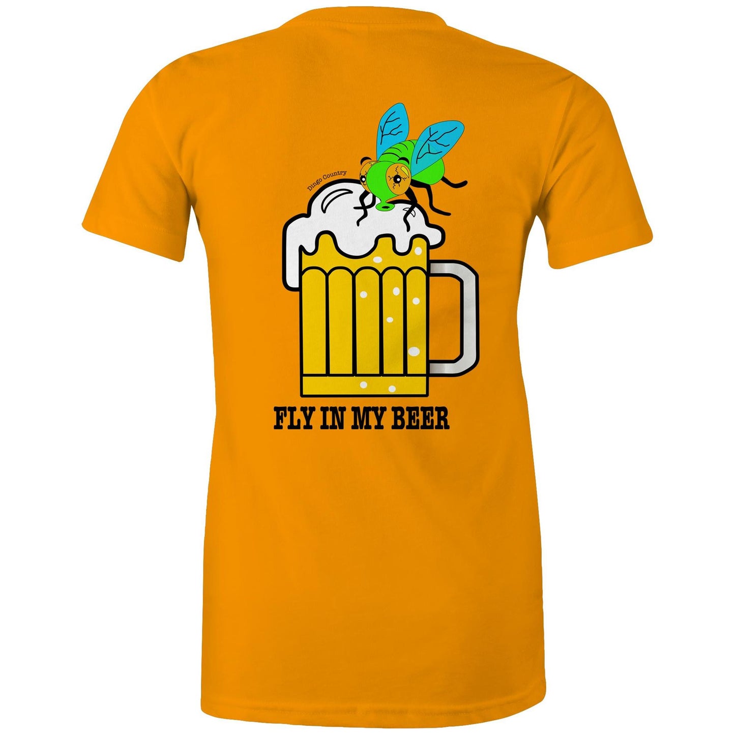 Back view of the orange 'Fly in My Beer' T-shirt featuring a humorous print with a cartoon fly in a frothy beer mug and the playful text below