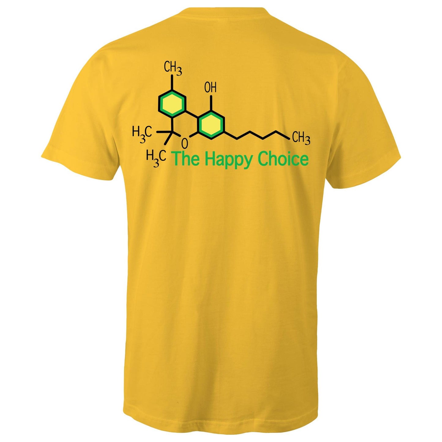 Rear view of a yellow T-shirt showing the chemical structure of Tetrahydrocannabinol (THC) with 'The Happy Choice' tagline, merging fun with pharmacological interest.
