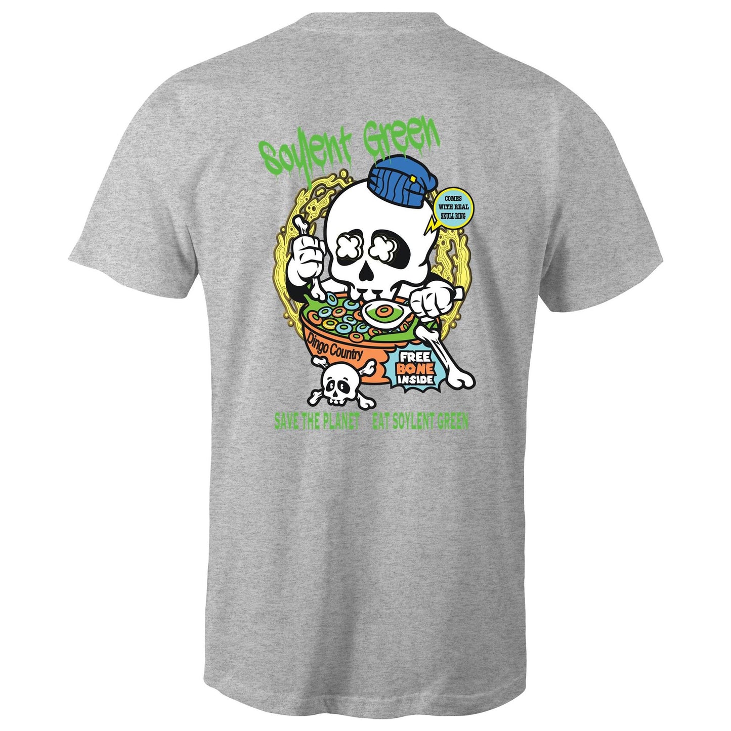 Rear view of a grey T-shirt featuring a colourful 'Soylent Green' graphic with a skull eating cereal, highlighting an environmental message with a twist of dark humour.