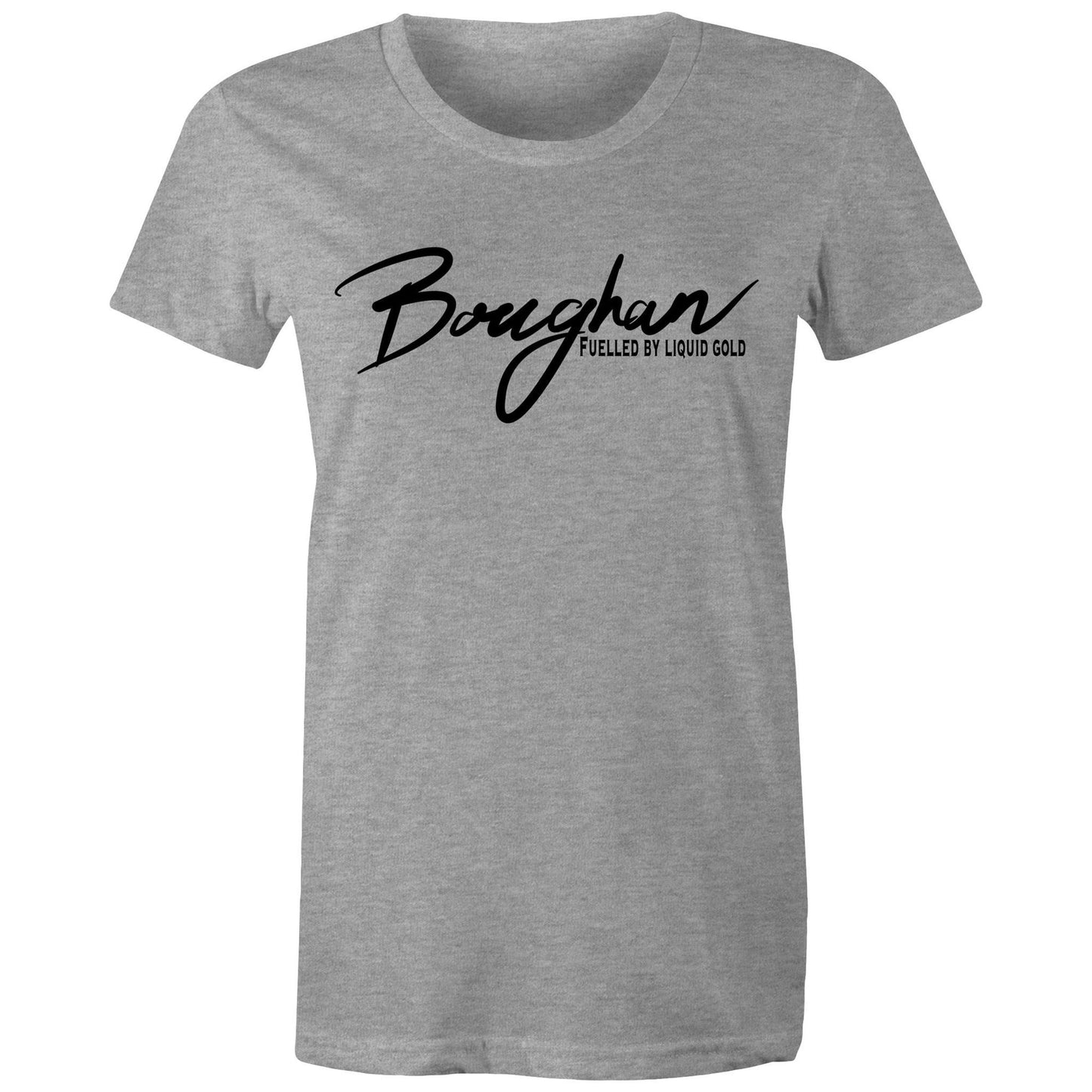 Front view of a grey Women's Maple Tee with 'Boughan - Fuelled by Liquid Gold' text, celebrating Australian beer culture.