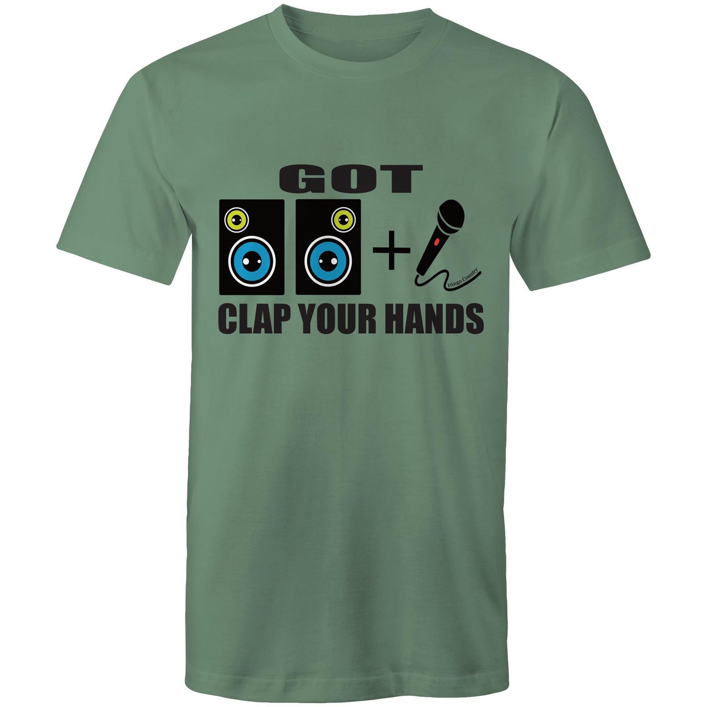 Men's 'Got 2 Speakers & A Microphone' T-Shirt in sage, inspired by Beck's song, perfect for fans of music and retro vibes