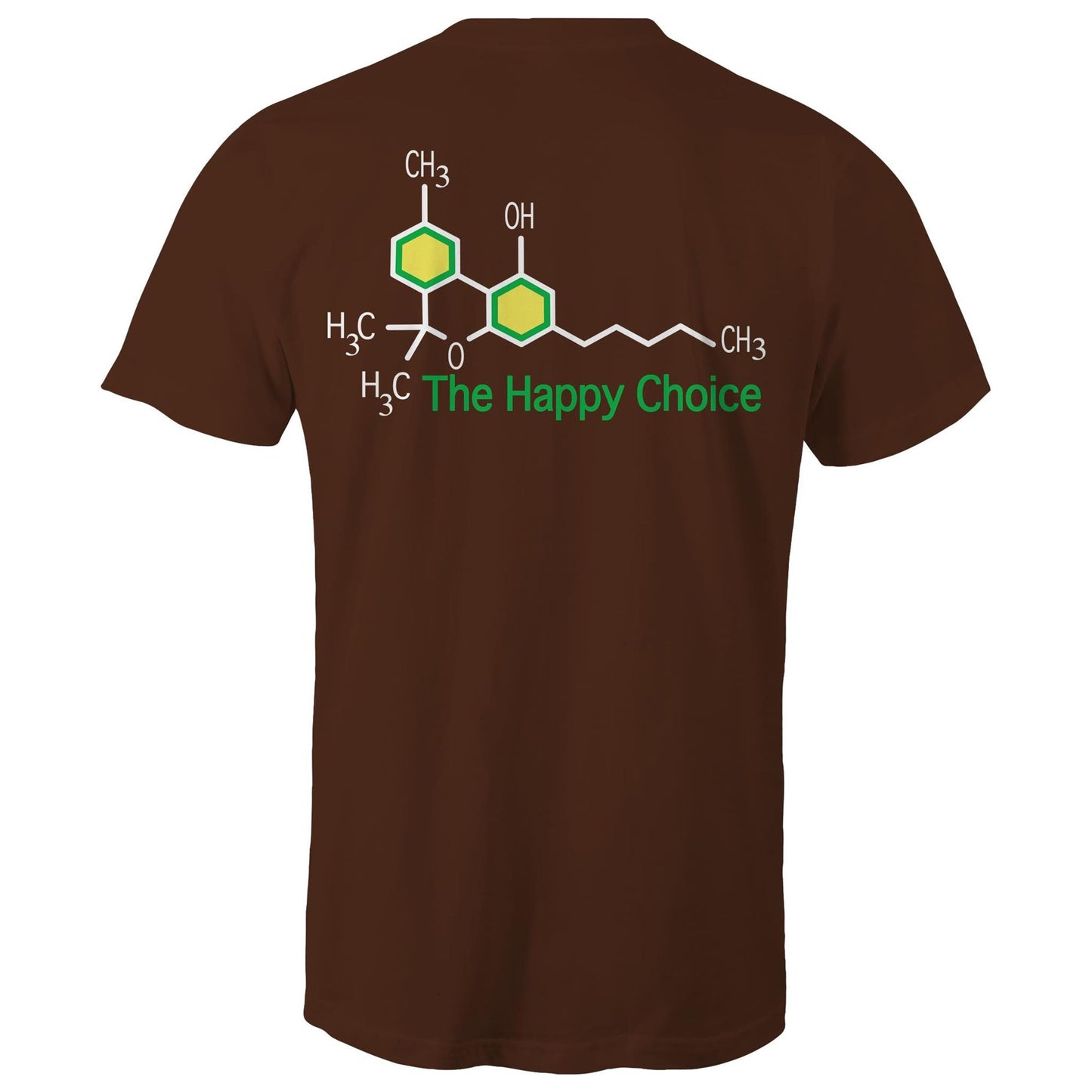 Rear view of a dark chocolate T-shirt showing the chemical structure of Tetrahydrocannabinol (THC) with 'The Happy Choice' tagline, merging fun with pharmacological interest.