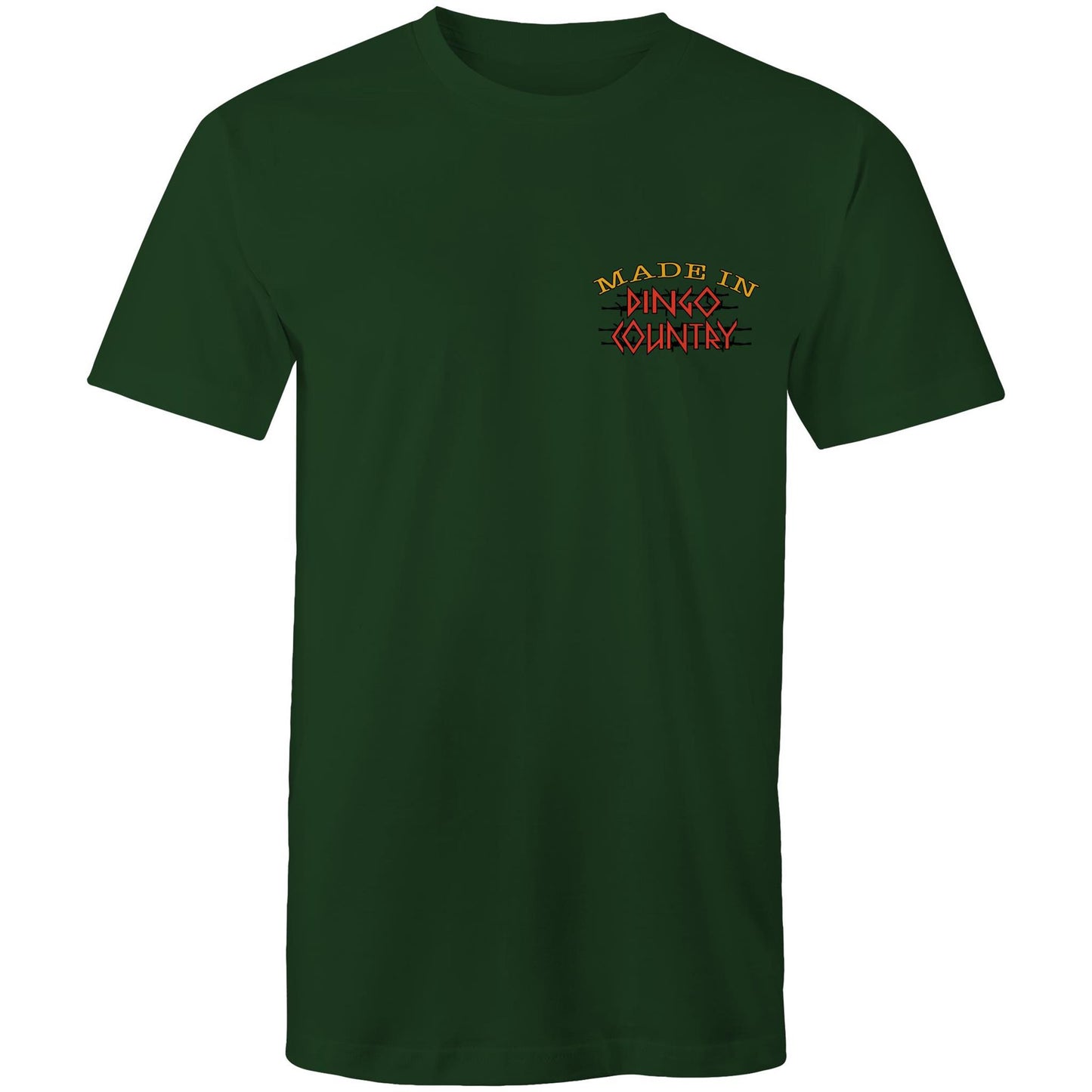 Front view of 'Life’s Short Dance' Men's T-Shirt showcasing the 'Made in Dingo Country' logo in warm earthy tones on a forrest green background.