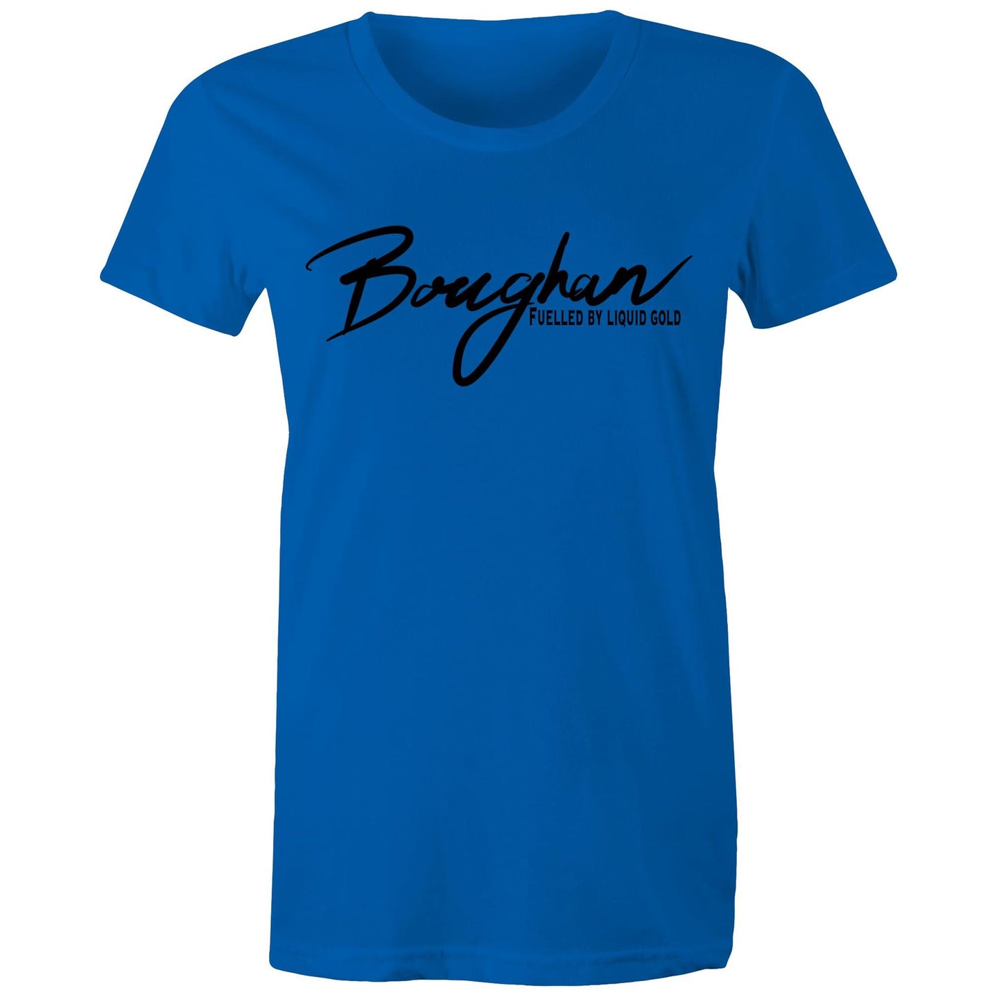 Front view of a bright royal Women's Maple Tee with 'Boughan - Fuelled by Liquid Gold' text, celebrating Australian beer culture.