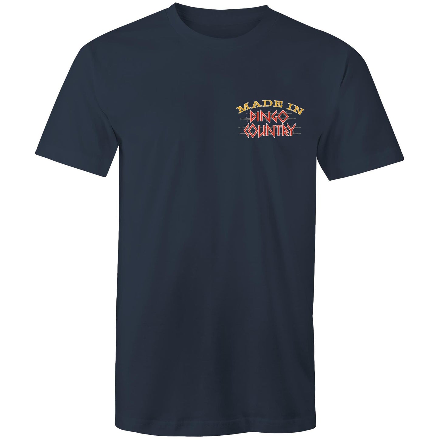 A navy men's t-shirt with a small, central chest print that reads "Made in Dingo Country", The print is stylized with the Australian flag colors and distressed lettering to give a rugged, patriotic feel.