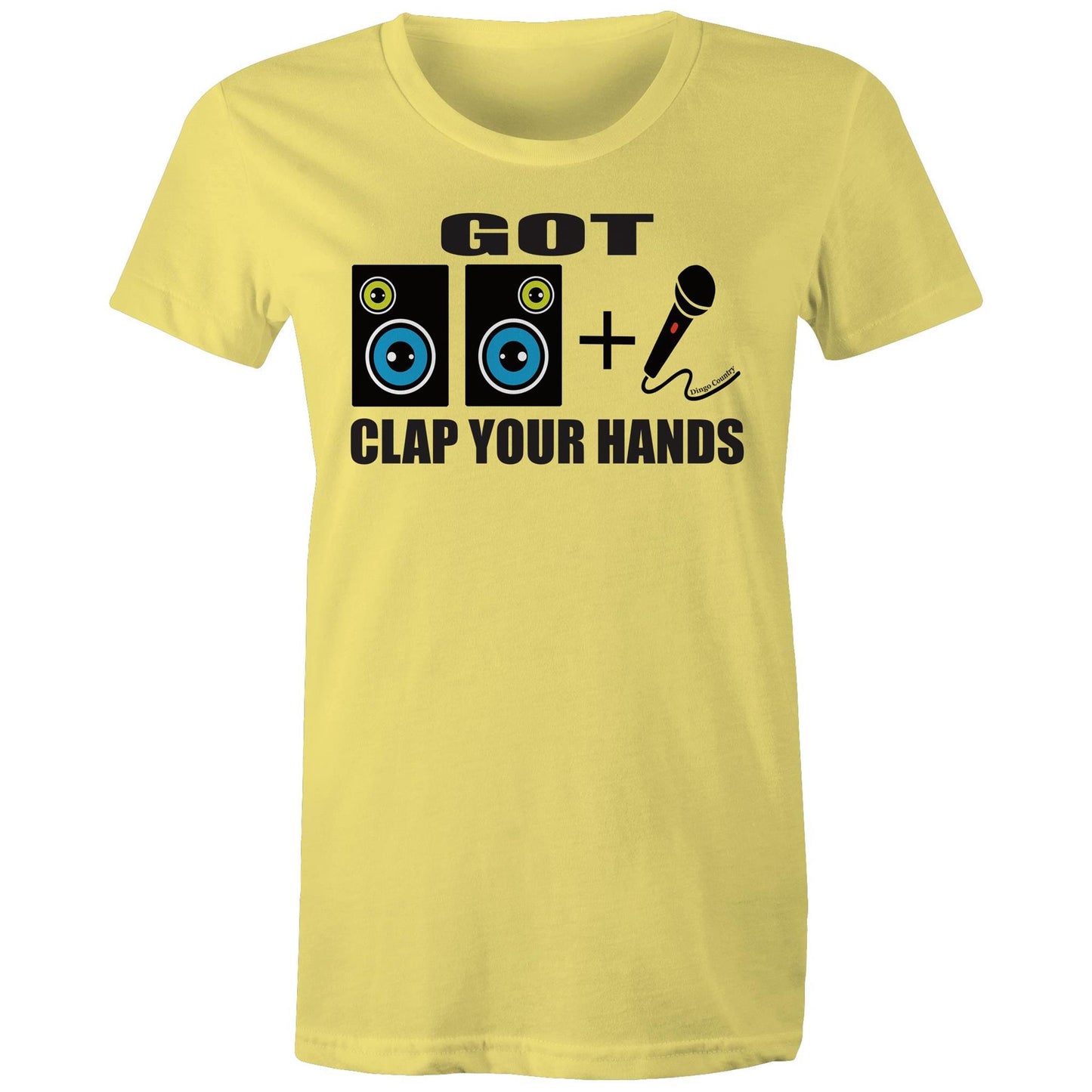 Women's yellow maple tee with 'GOT two speakers icon + Mic' icon and 'CLAP YOUR HANDS' text on the front, reflecting Beck's song lyrics