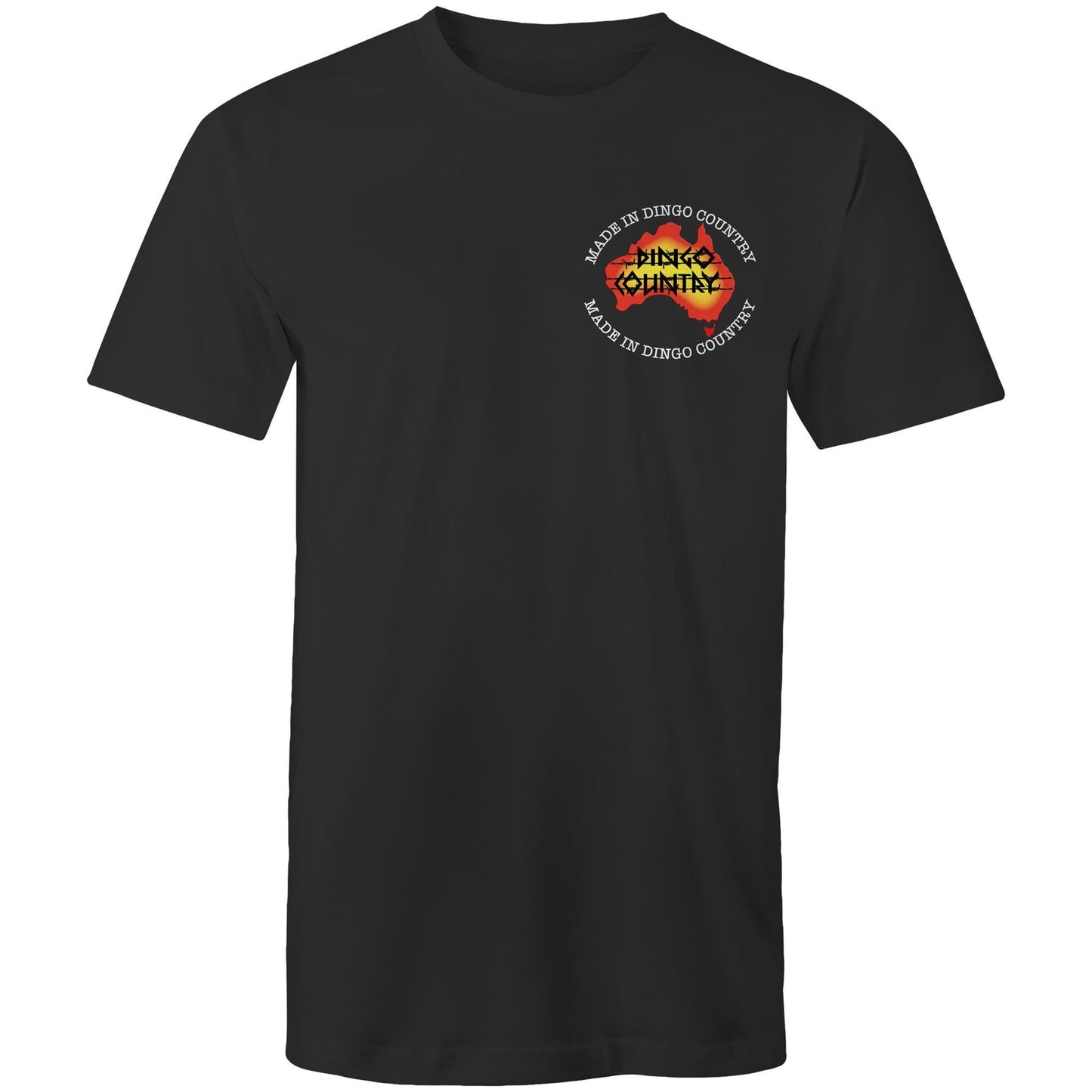 Front view of 'Fly in My Beer' Men's T-Shirt by Dingo Country – plain black tee with the colourful logo reading 'Made in Dingo Country'