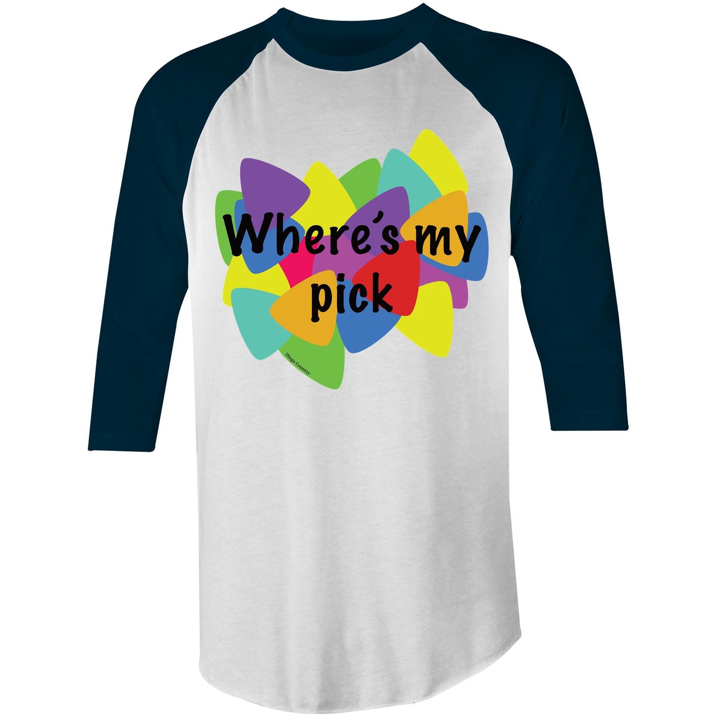 "Where's My Pick" 3/4 sleeve raglan t-shirt with navy sleeves and a white body featuring a bold, colourful graphic of guitar picks and the playful question "Where's my pick" on the chest, perfect for musicians and casual rockers alike.