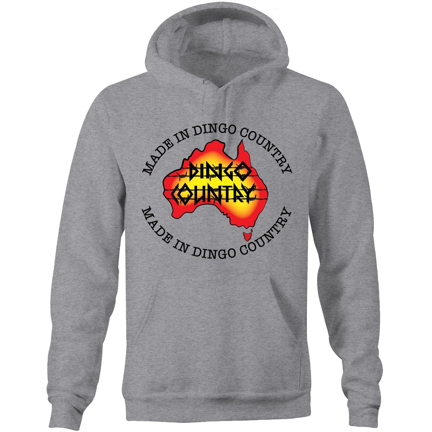 Grey 'Made in DC Australia' pocket hoodie sweatshirt showcasing a stylised map of Australia with 'Dingo Country' & made in dingo country text on the front.
