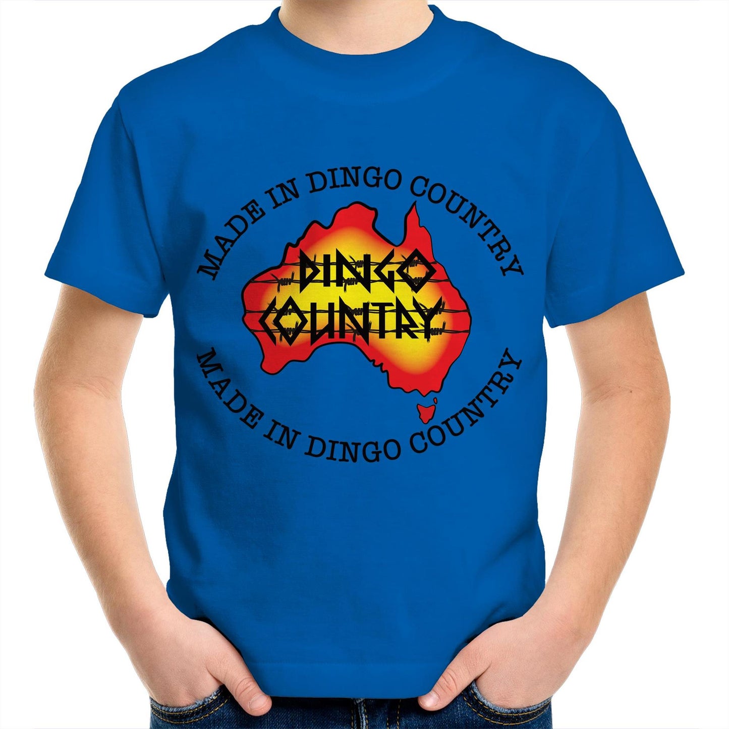 Child's bright royal crew-neck t-shirt with 'Made in Dingo Country' Australia map design, available in 10 vibrant colors for a fun Australian-themed style.