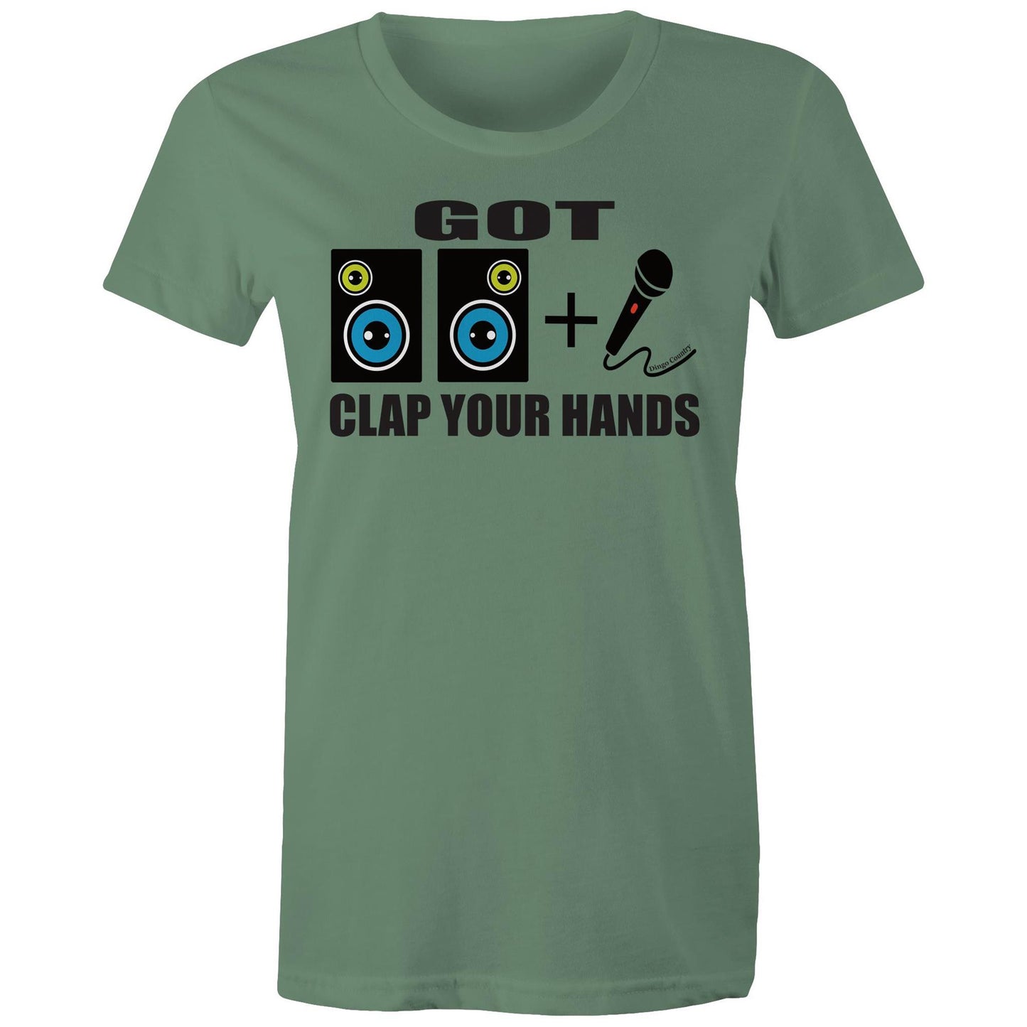Women's sage maple tee with 'GOT two speakers icon + Mic' icon and 'CLAP YOUR HANDS' text on the front, reflecting Beck's song lyrics