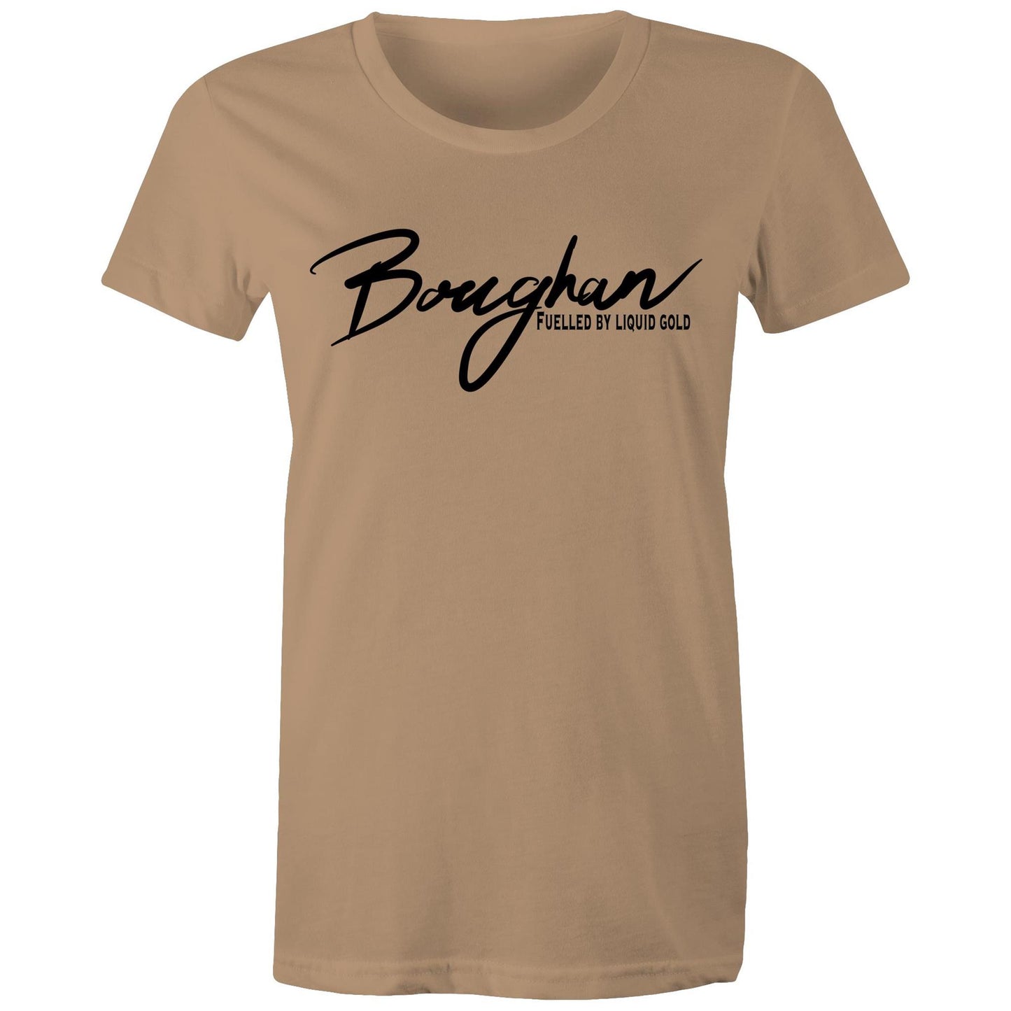 Front view of a tan Women's Maple Tee with 'Boughan - Fuelled by Liquid Gold' text, celebrating Australian beer culture.