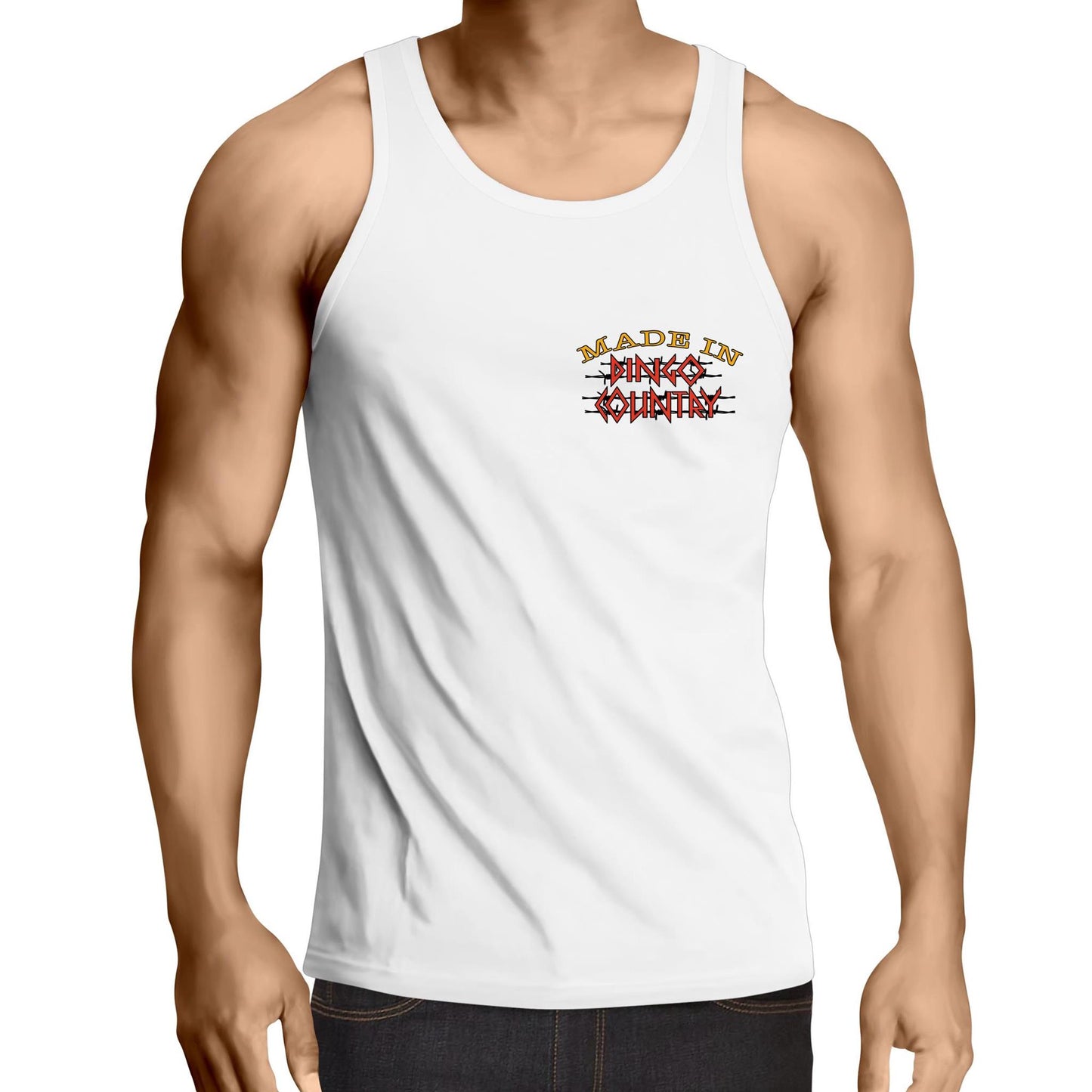 Sleeveless white men's top with a small 'Made in Dingo Country' chest logo for a subtle Australian vibe