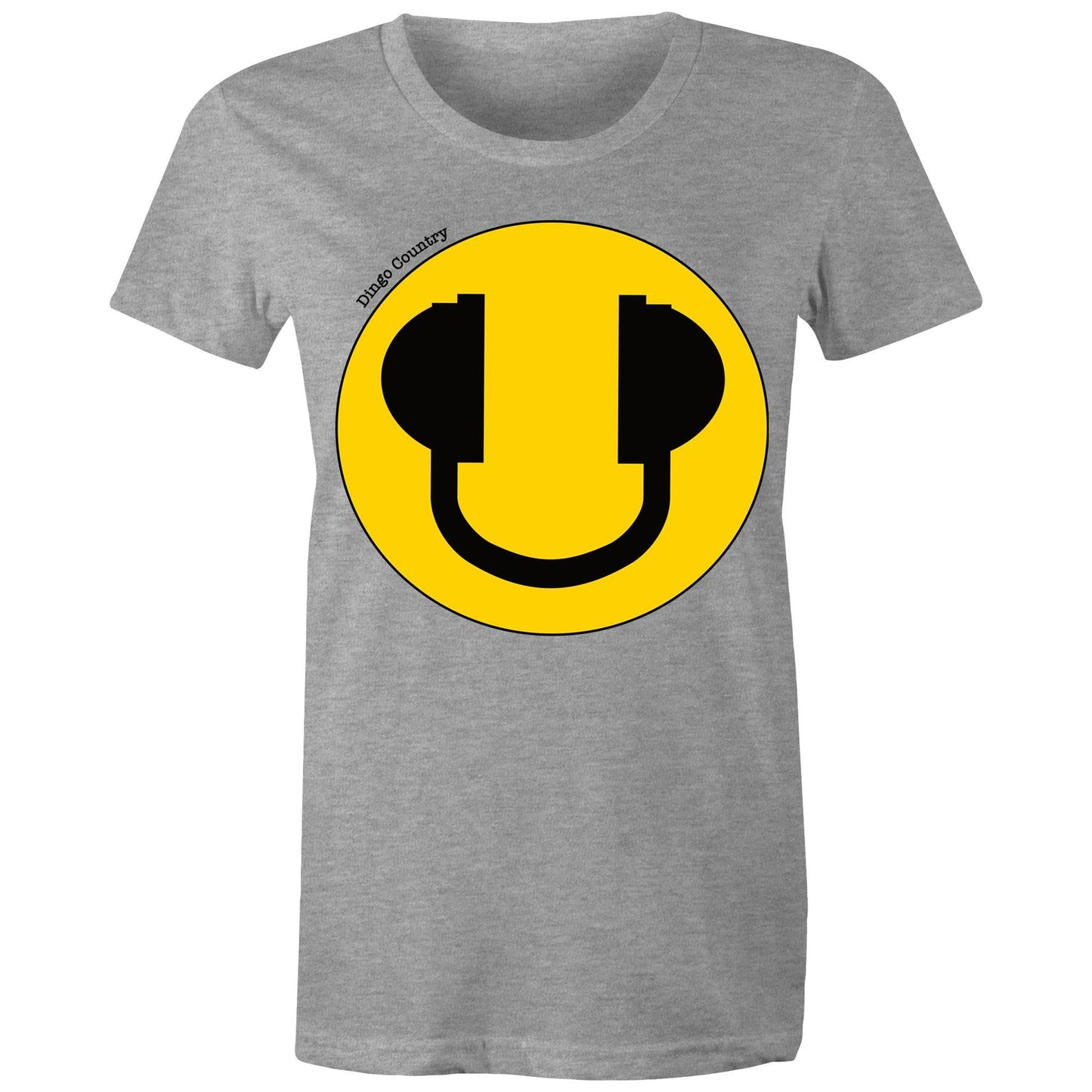 Women's Maple Tee in grey with a bold yellow smiley face and headphone design, expressing a fun-loving music vibe, available at Dingo Country.