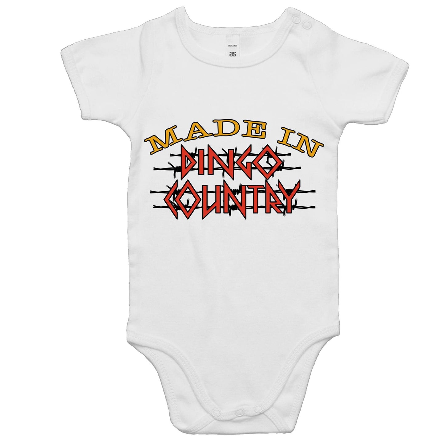 Adorable white baby onesie featuring 'Made in Dingo Country' design, ideal for the youngest Australian patriots.