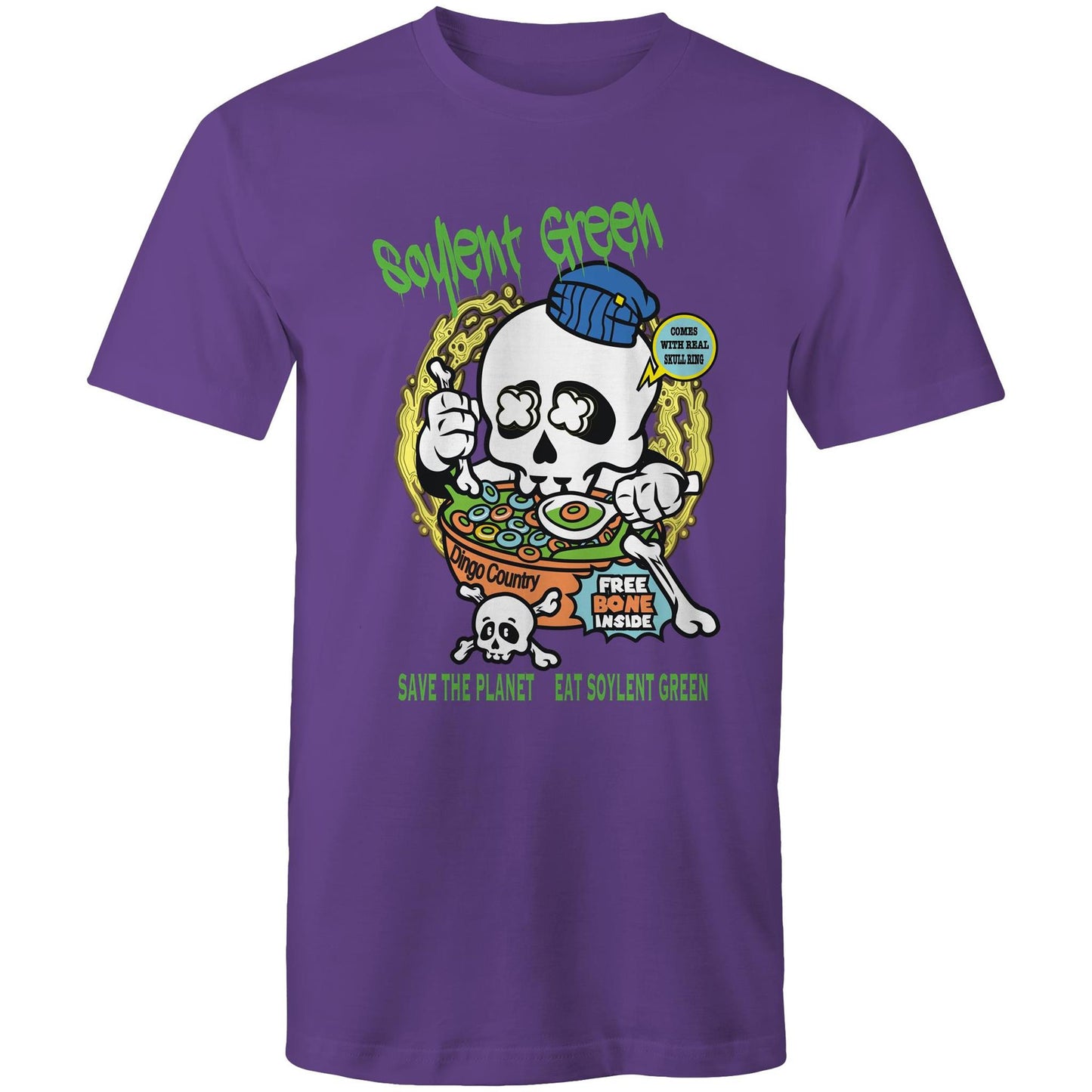 Purple men's T-shirt with a colourful 'Soylent Green' graphic, showcasing a skull eating cereal and a 'Save the Planet, Eat Soylent Green' message.