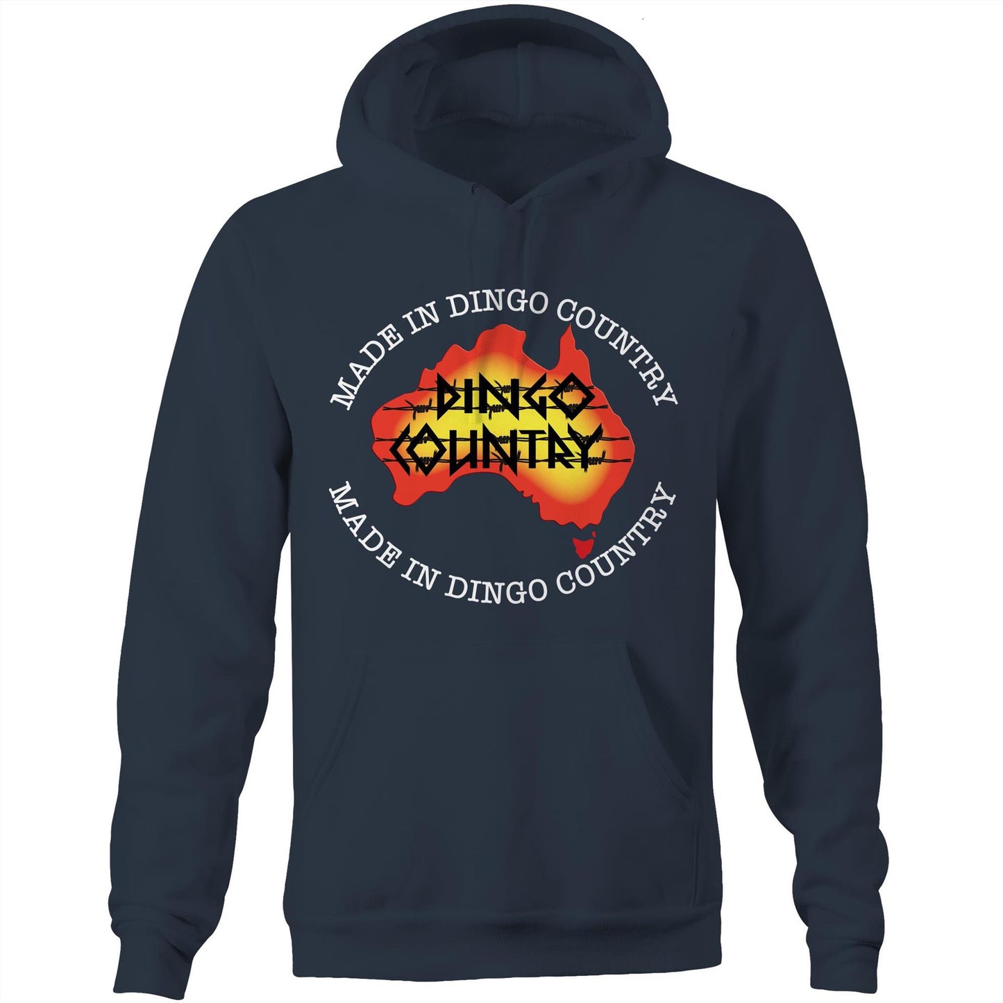 Navy 'Made in DC Australia' pocket hoodie sweatshirt showcasing a stylised map of Australia with 'Dingo Country' & made in dingo country text on the front.