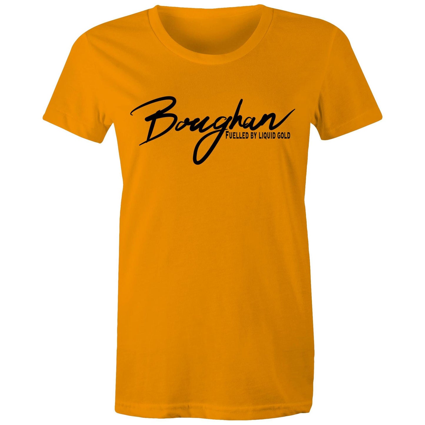 Front view of a orange Women's Maple Tee with 'Boughan - Fuelled by Liquid Gold' text, celebrating Australian beer culture.
