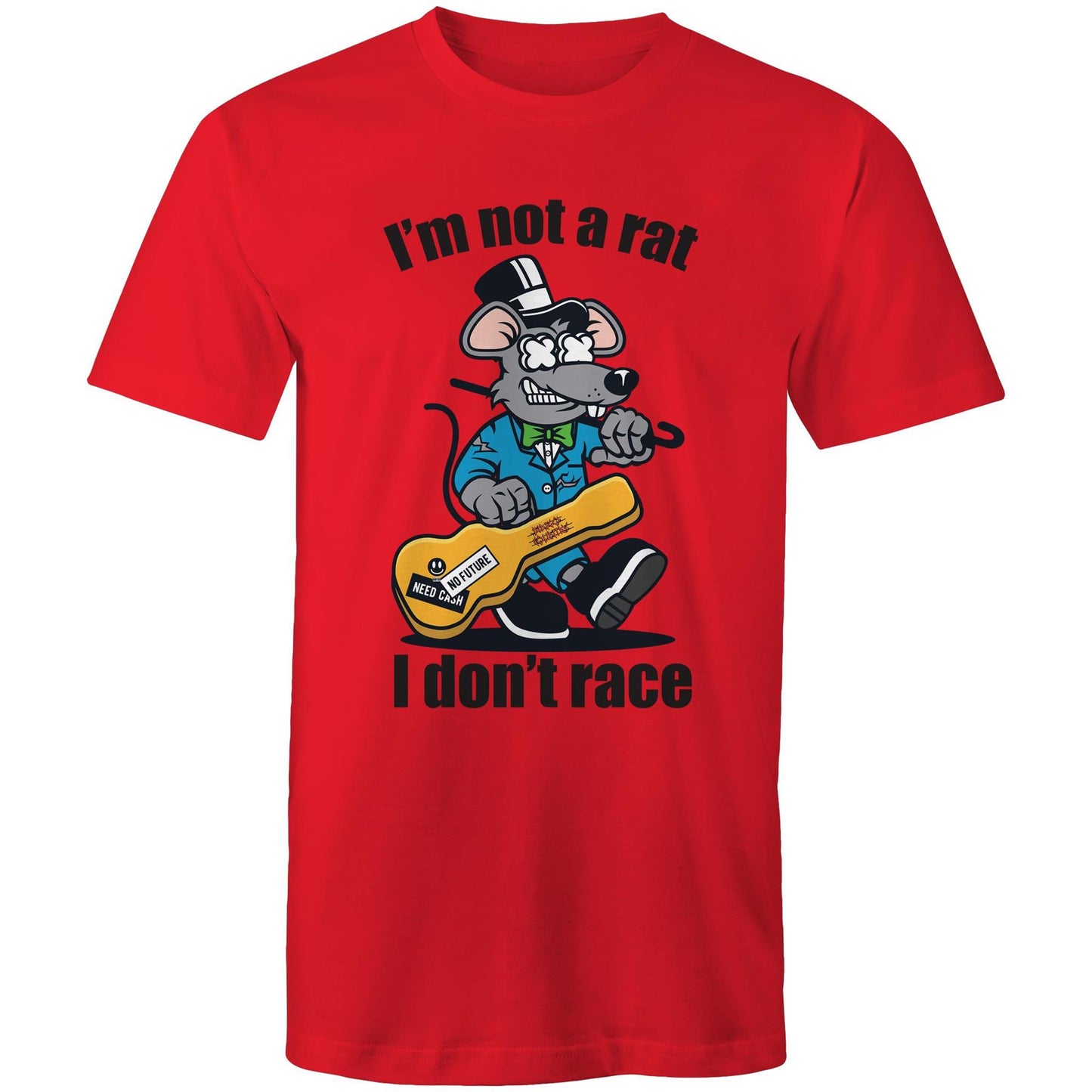 Men's red t-shirt with a cartoon rat playing guitar and 'I'm Not a Rat, I Don't Race' text - part of Dingo Country's Art & Humour Collection.