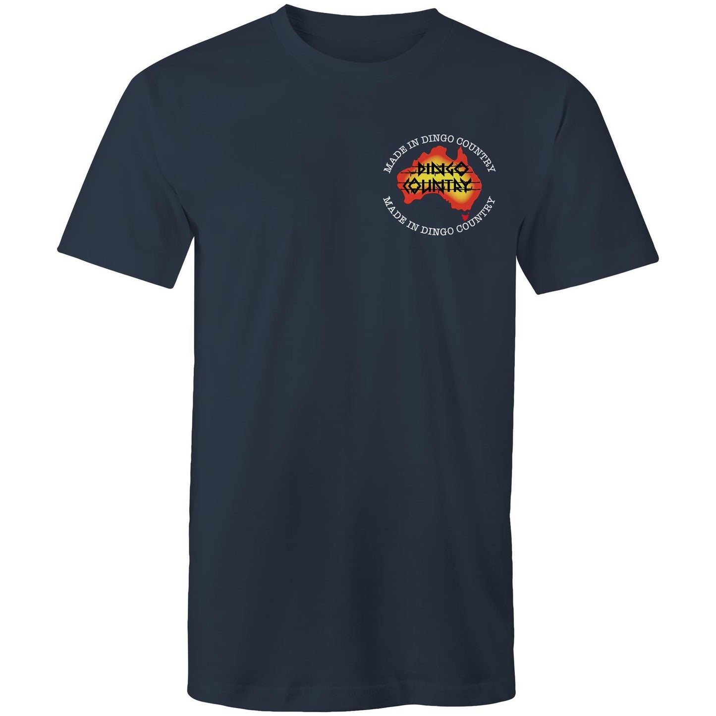 Front view of 'Fly in My Beer' Men's T-Shirt by Dingo Country – plain navy tee with the colourful logo reading 'Made in Dingo Country'