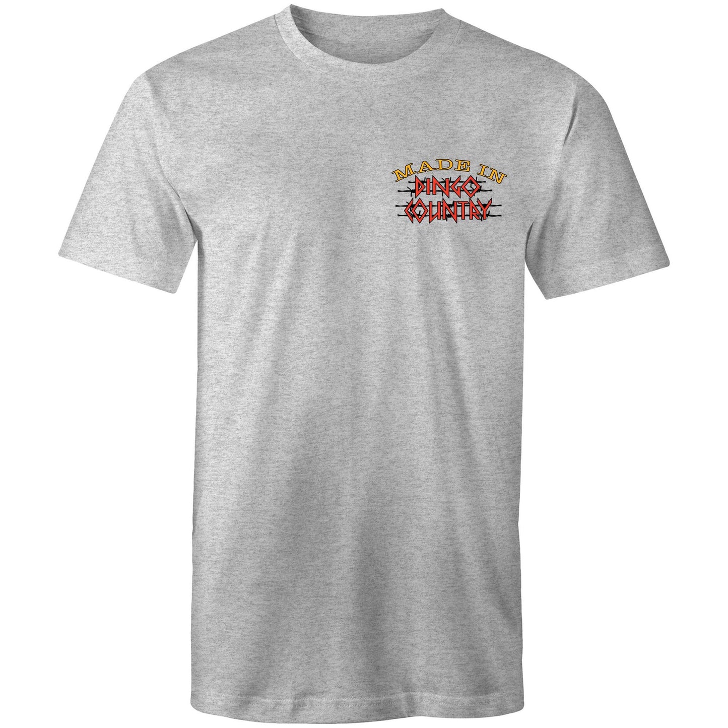 Grey men's t-shirt with 'Made in Dingo Country' small chest print in red and black.