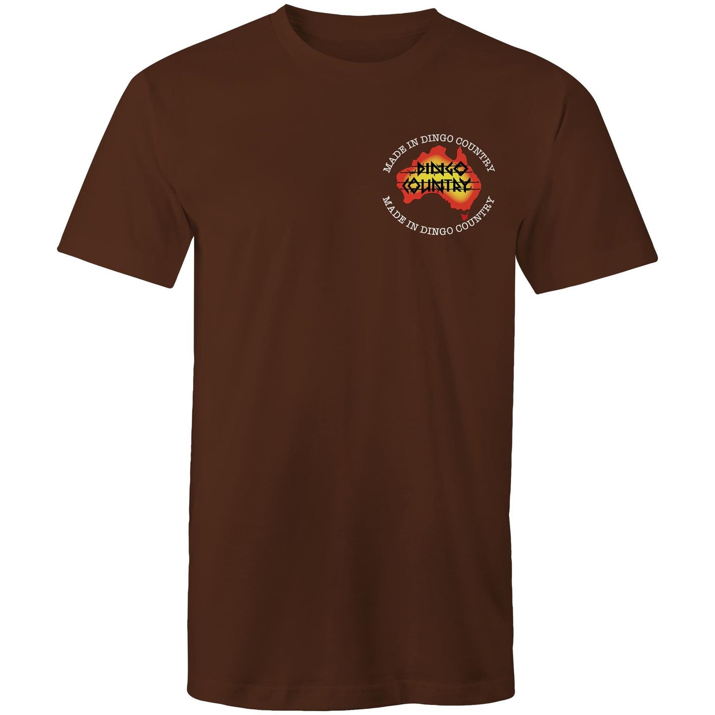 Front view of 'Fly in My Beer' Men's T-Shirt by Dingo Country – plain dark chocolate tee with the colourful logo reading 'Made in Dingo Country'