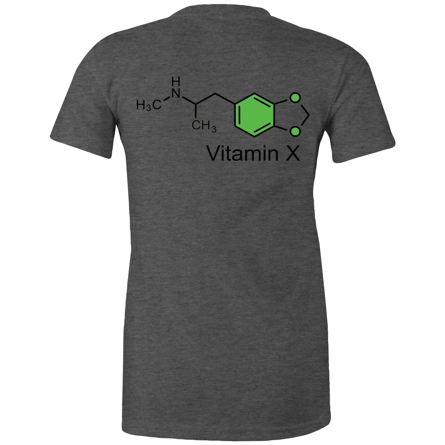 Chemical structure of MDMA, labeled "Vitamin X" on the back of a asphalt women's maple tee.