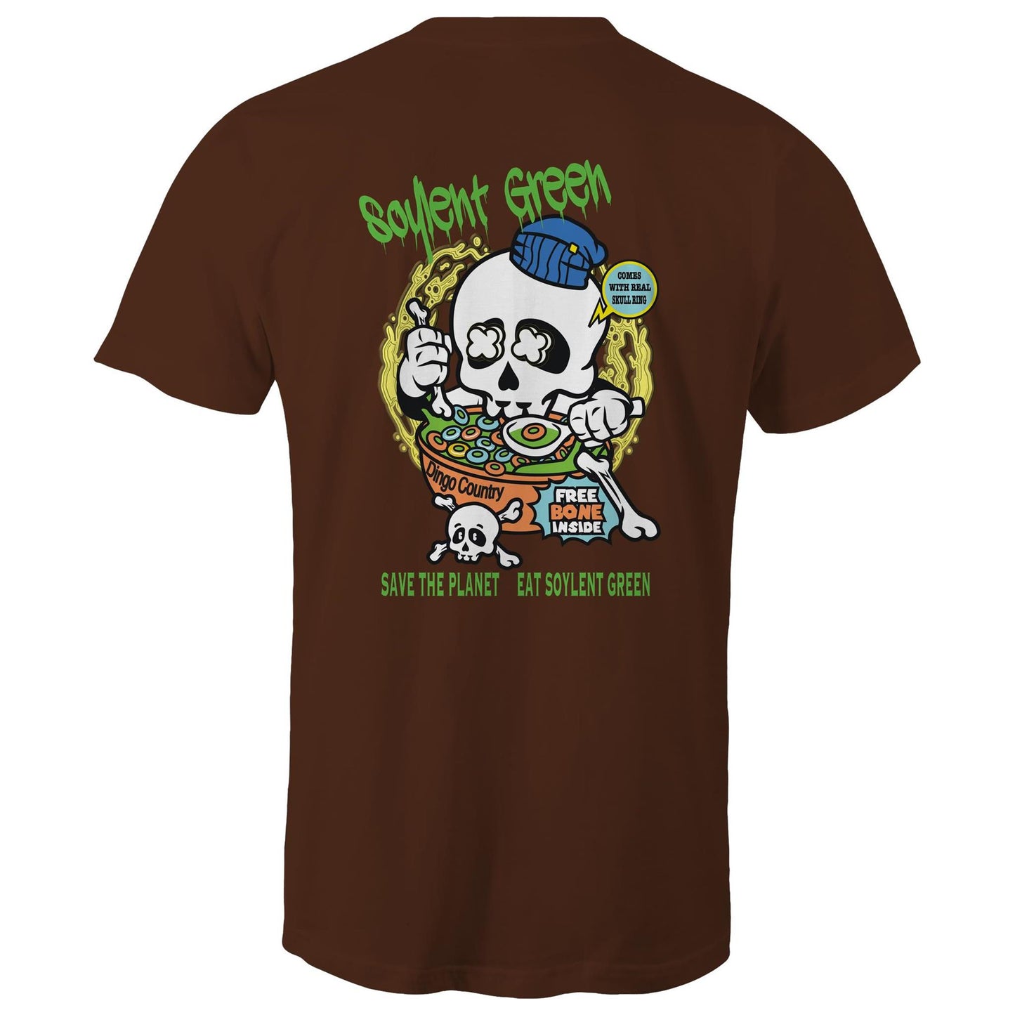 Rear view of a dark chocolate T-shirt featuring a colourful 'Soylent Green' graphic with a skull eating cereal, highlighting an environmental message with a twist of dark humour.